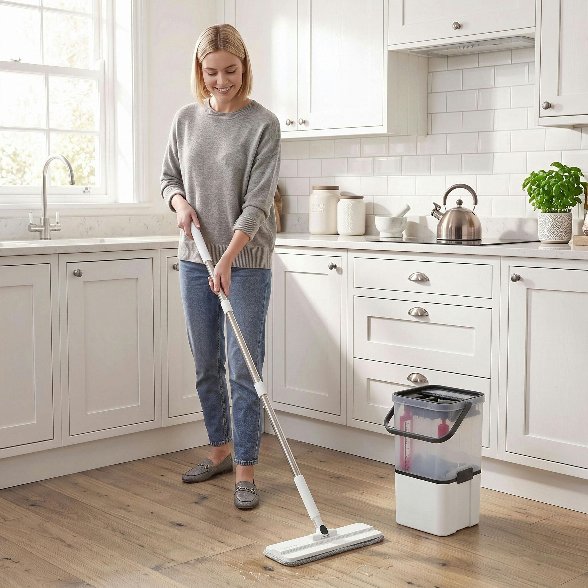 Homcom Mop And Bucket Set, Flat Mop And Bucket System With Wringer, White - Image 2