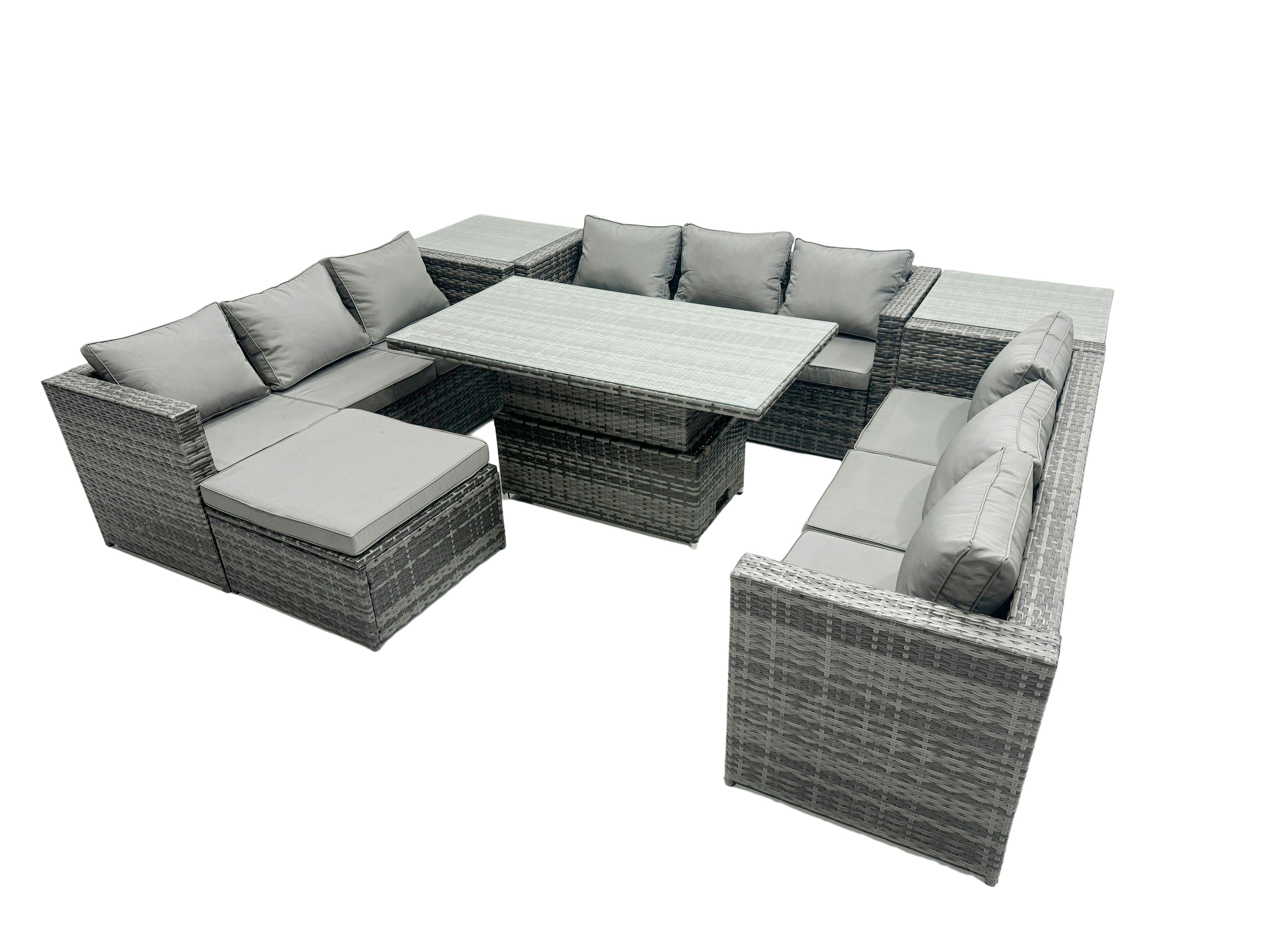 Fimous Dark/Grey U Shape Rattan Gardern Furniture Dining Sofa Set Adjustable Rising Dining Table With 2 Side Coffee Table Extra Big Footstool