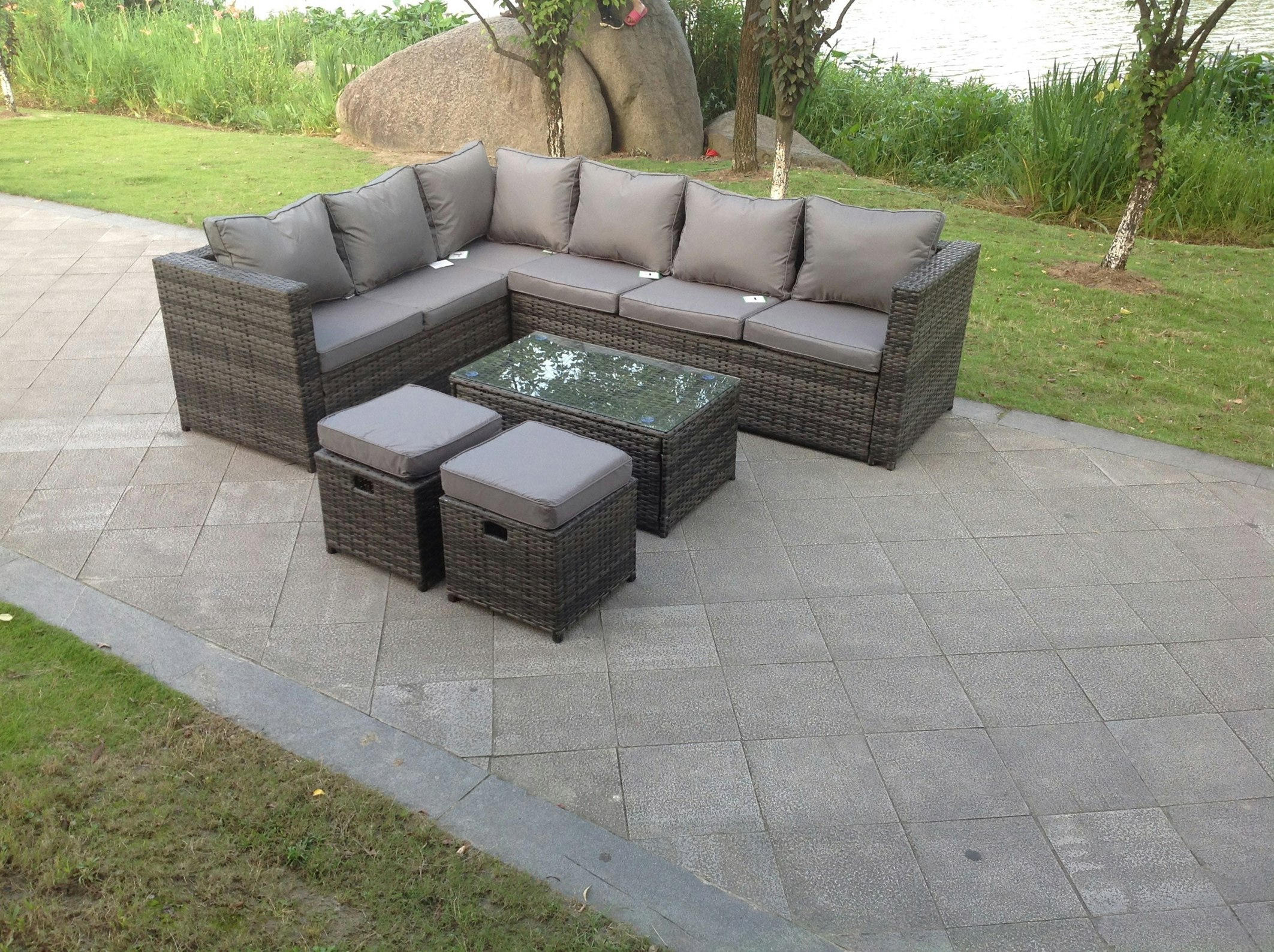 Rackhams Dark/Grey 8 Seater Rattan Corner Sofa Lounge Sofa Set With Rectangular Coffee Table 2 Stool And Chair Left Hand