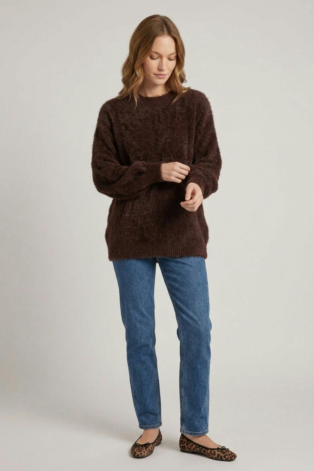 Izabel London Brown Soft Textured Long Sleeve Jumper - M/L