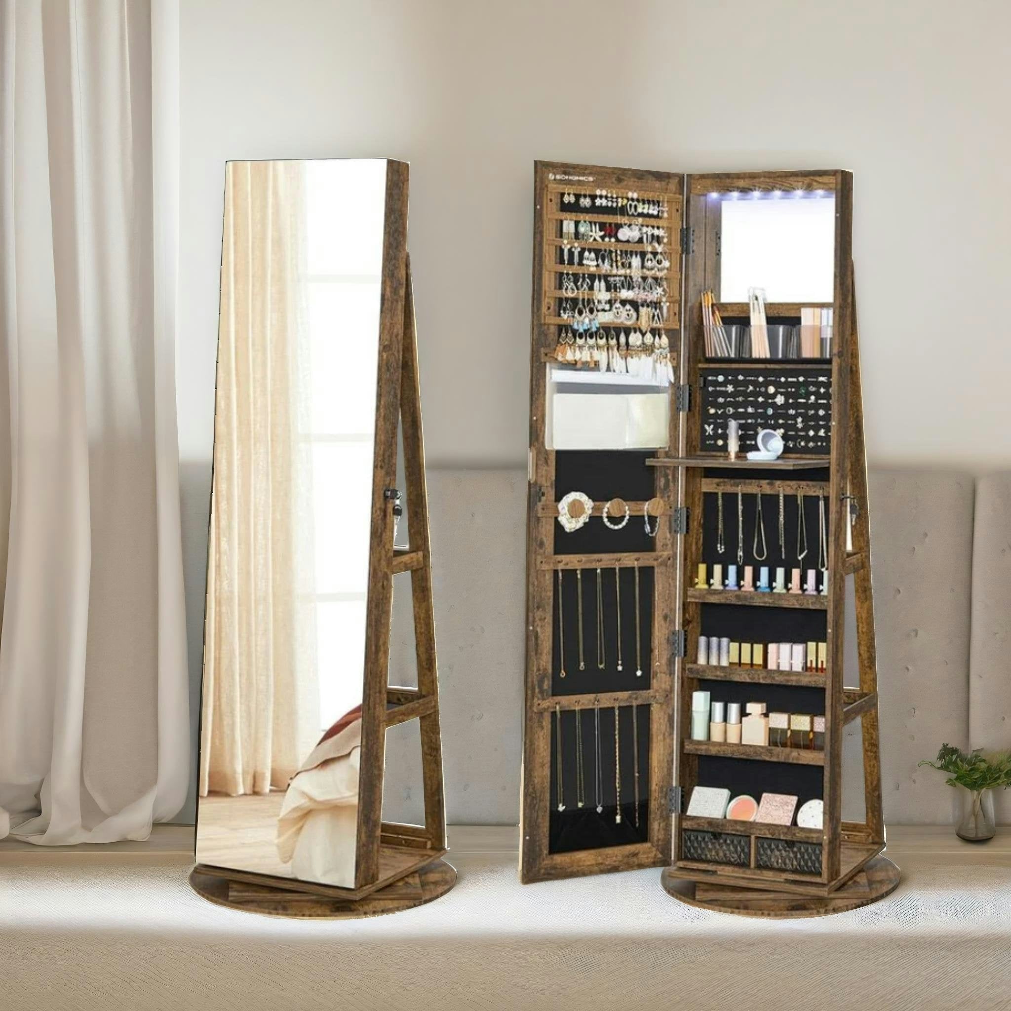 Rafaelo Mobilia Brown Free Standing Mirror Jewellery Cabinet 360 Swivel Organiser