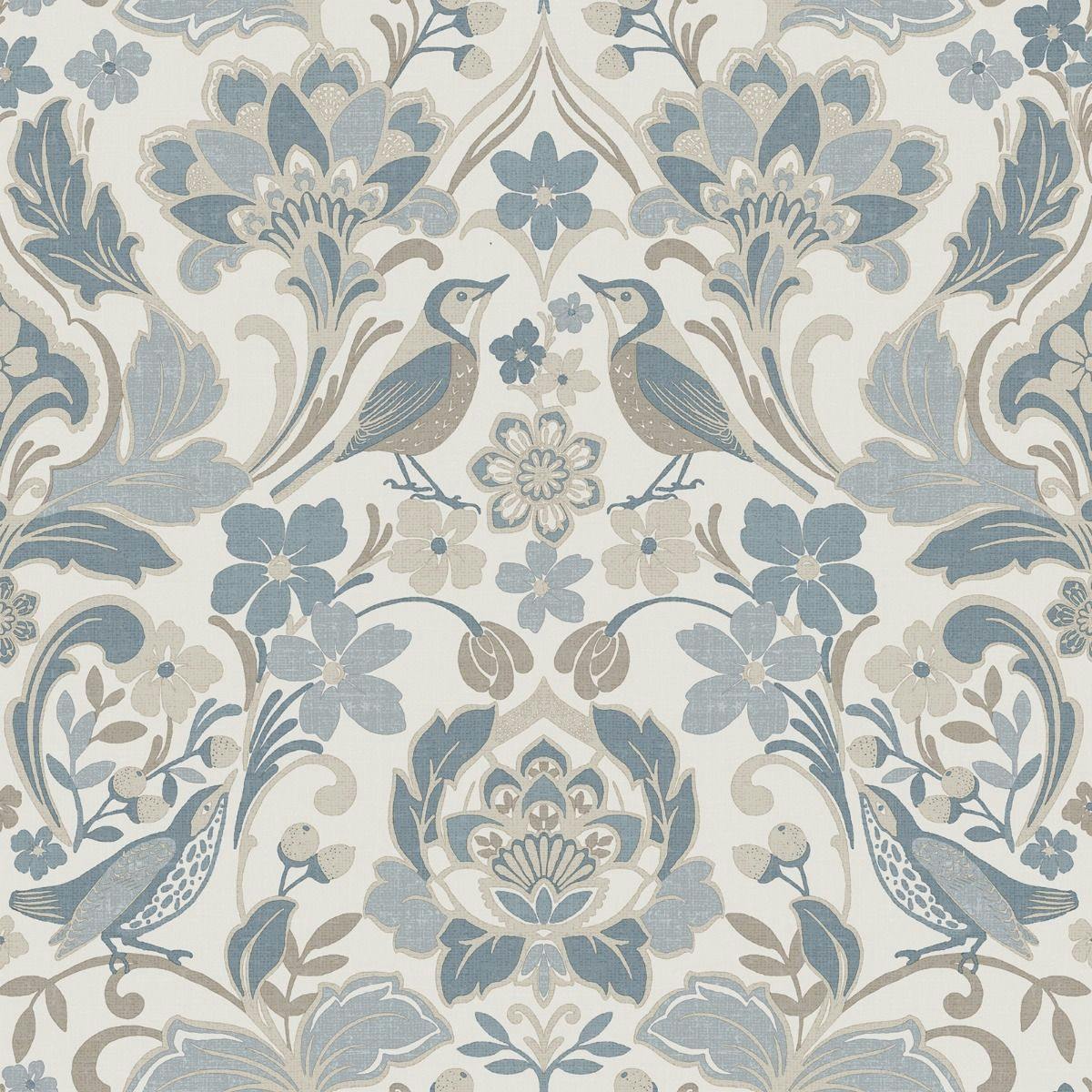 Rackhams Blue Folk Floral Textured Wallpaper - Soft - Soft - 10M X 53Cm - 100% Mixed