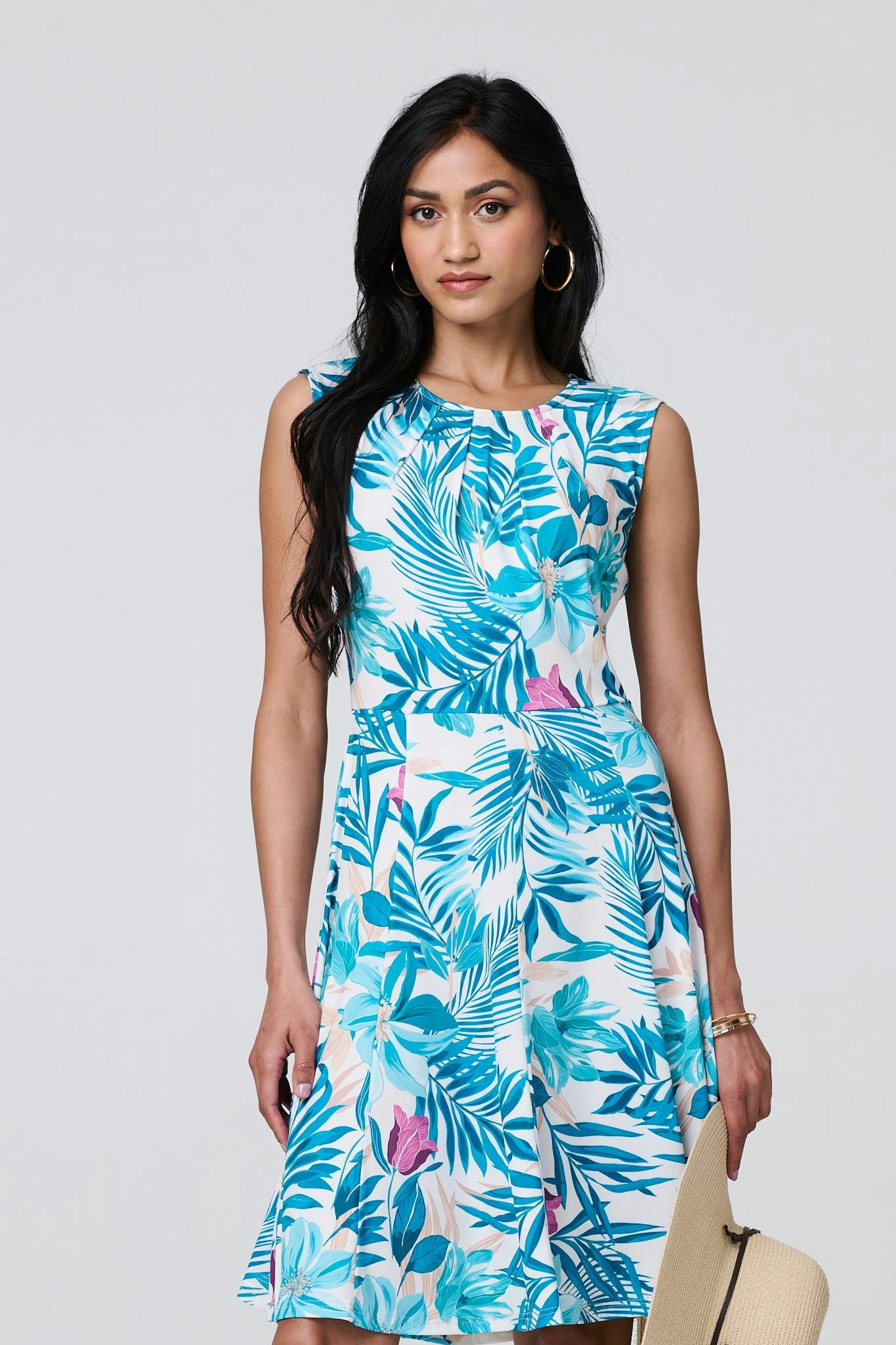 Izabel London Blue Tropical Print Sleeveless Knee Length Dress - Xl