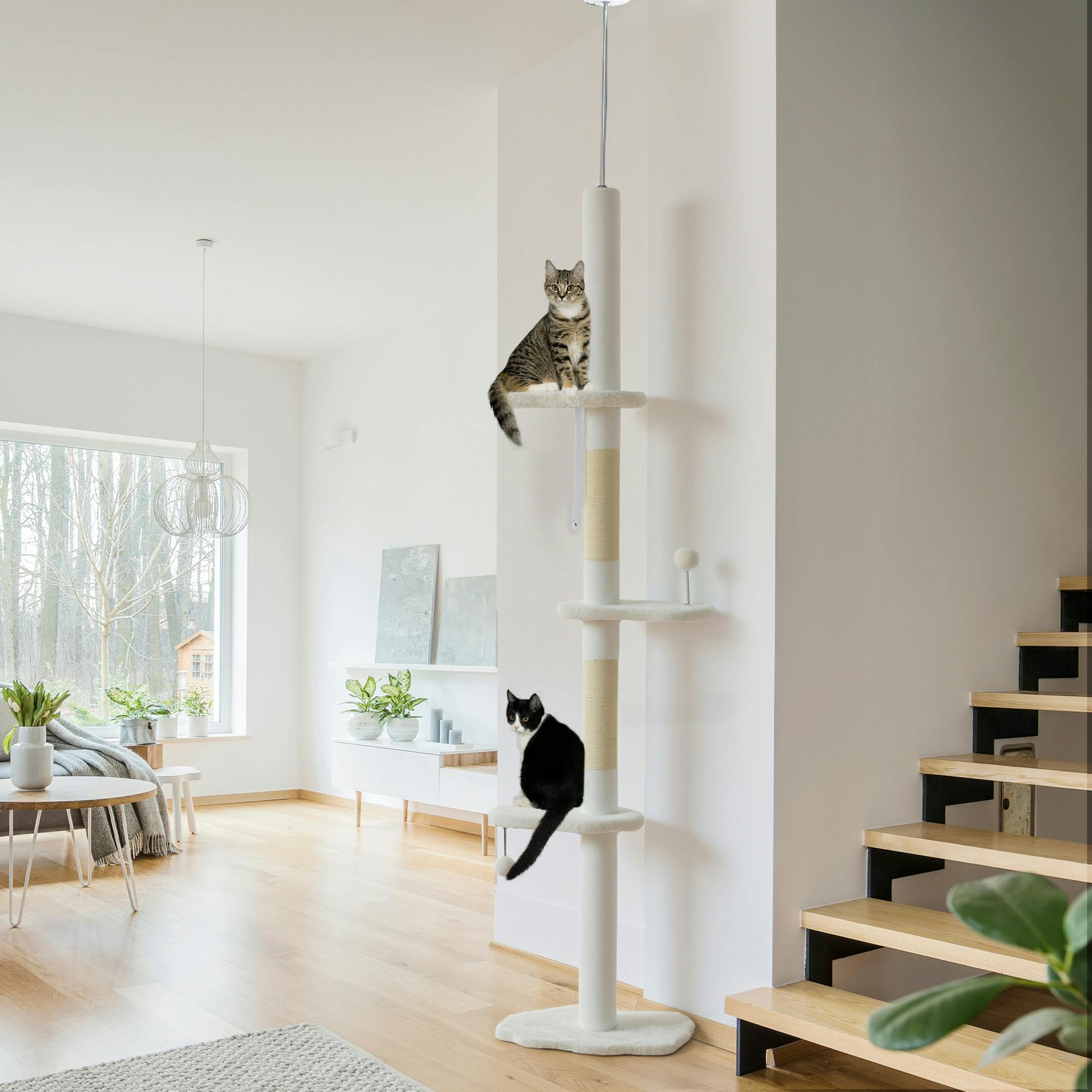 Pawhut Beige 225-255 Cm Adjustable Cat Tree With Sisal Scratching Posts,