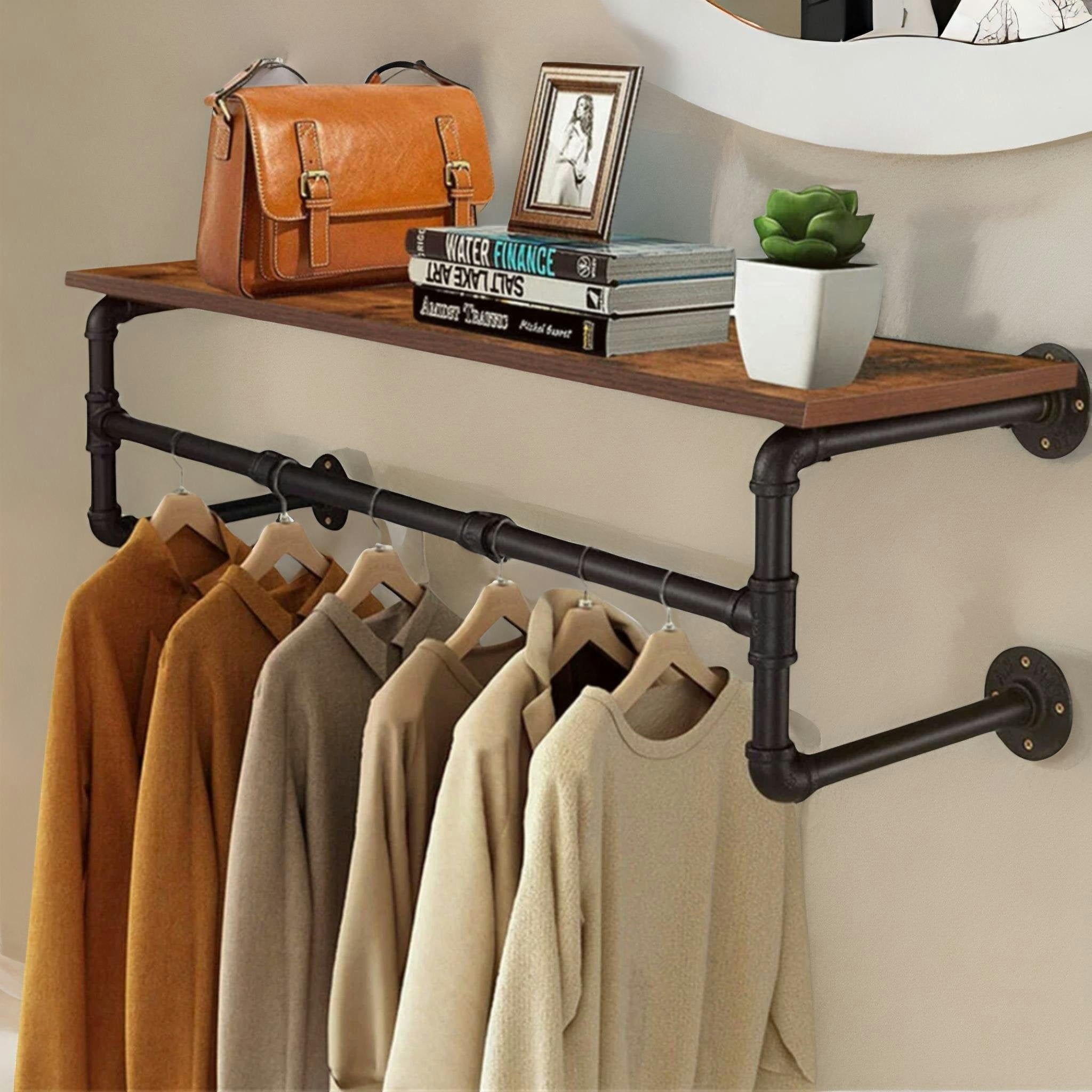 Rackhams Brown Industrial Heavy Duty Pipe Wall-Mounted Floating Shelf With Hanging Rail