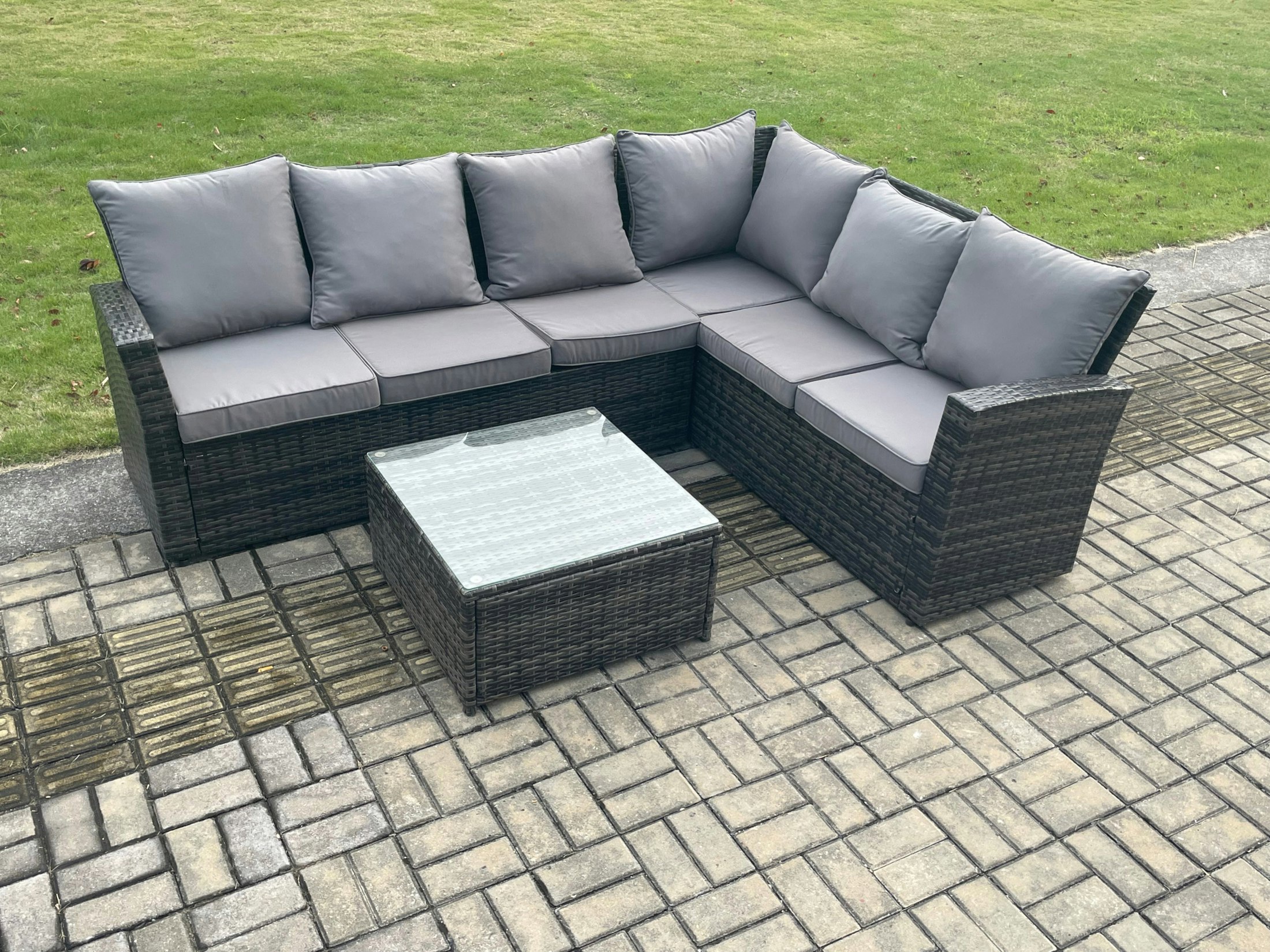 Fimous Dark/Grey 6 Seater Wicker Pe Outdoor Garden Furniture Set High Back Rattan Corner Sofa Set With Armchair Square Coffee Table