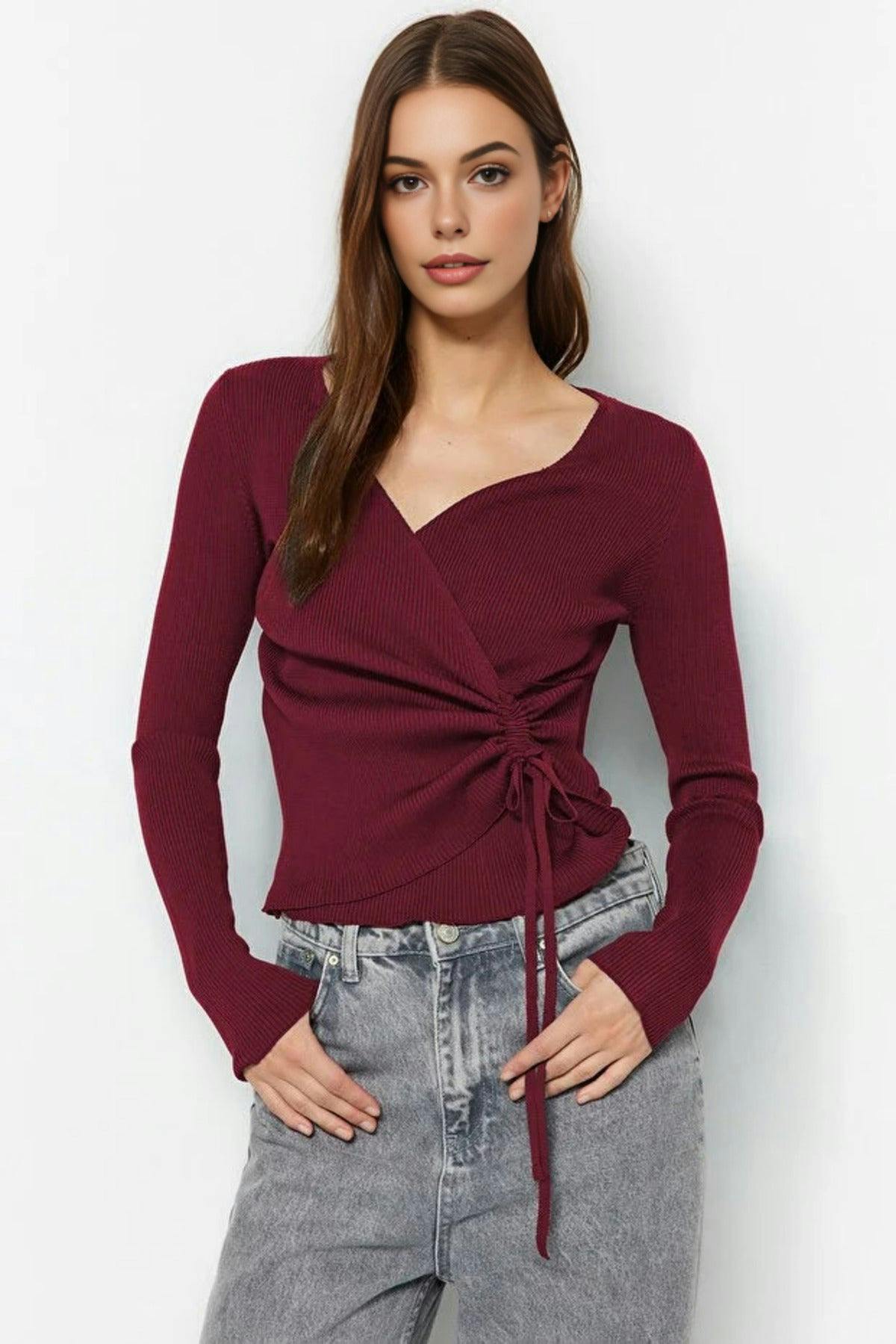 Wovcor Burgundy Double-Breasted Knit Sweater With Gathering Detail - S