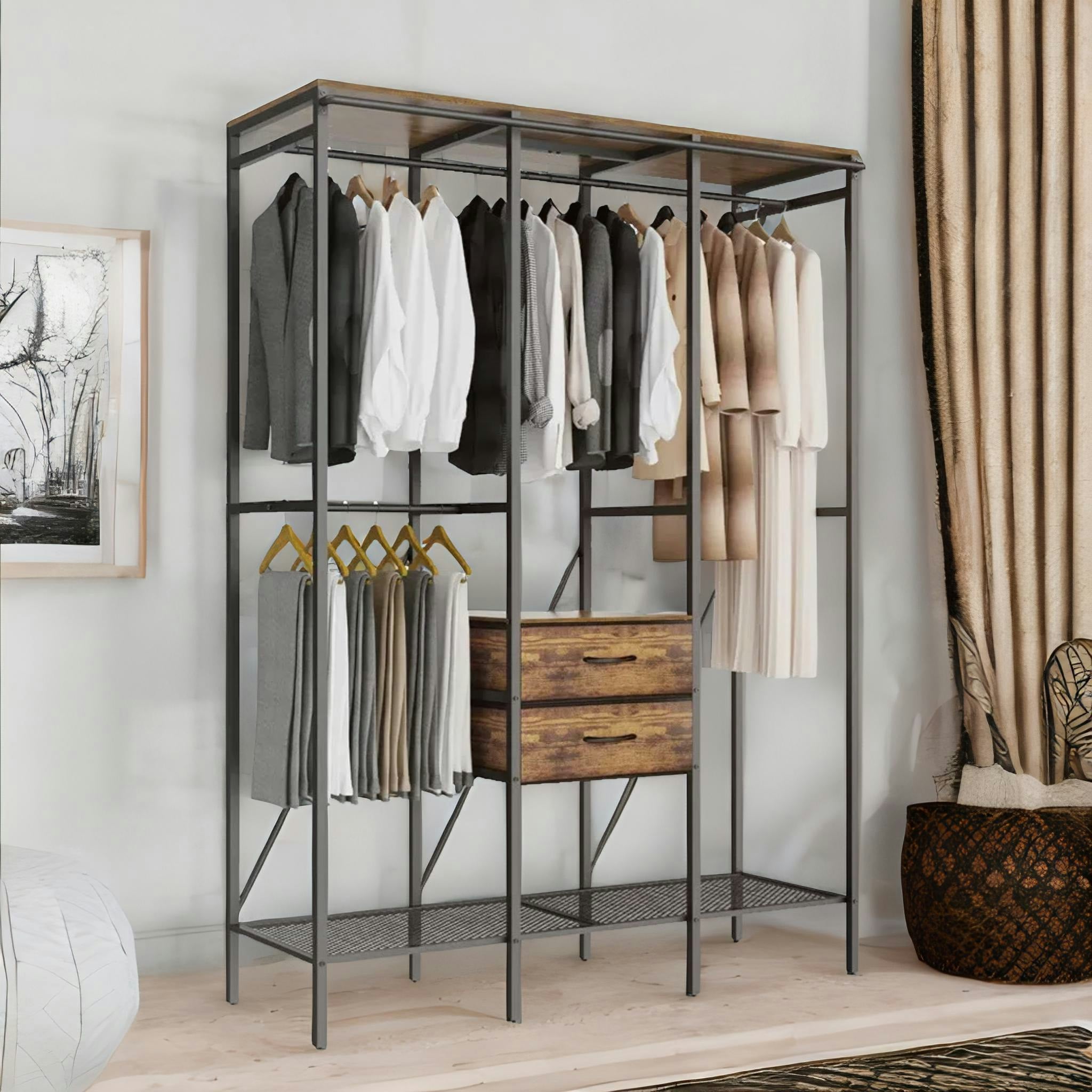 Rackhams Brown Industrial Open Wardrobe Garment Rail With Shelves Rustic