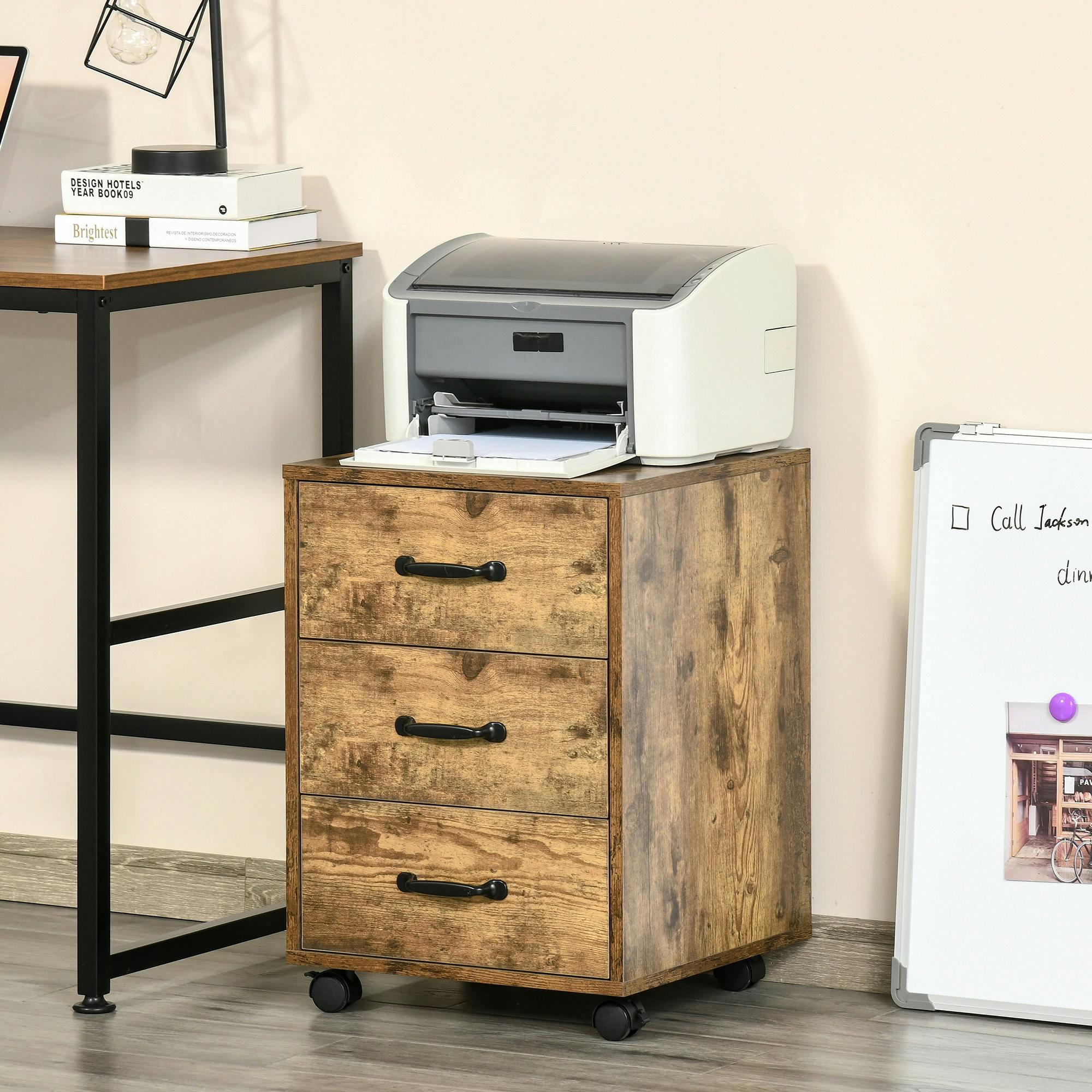 Rackhams Brown File Cabinet With 3 Drawers, Under Desk Mobile Filing Cabinet