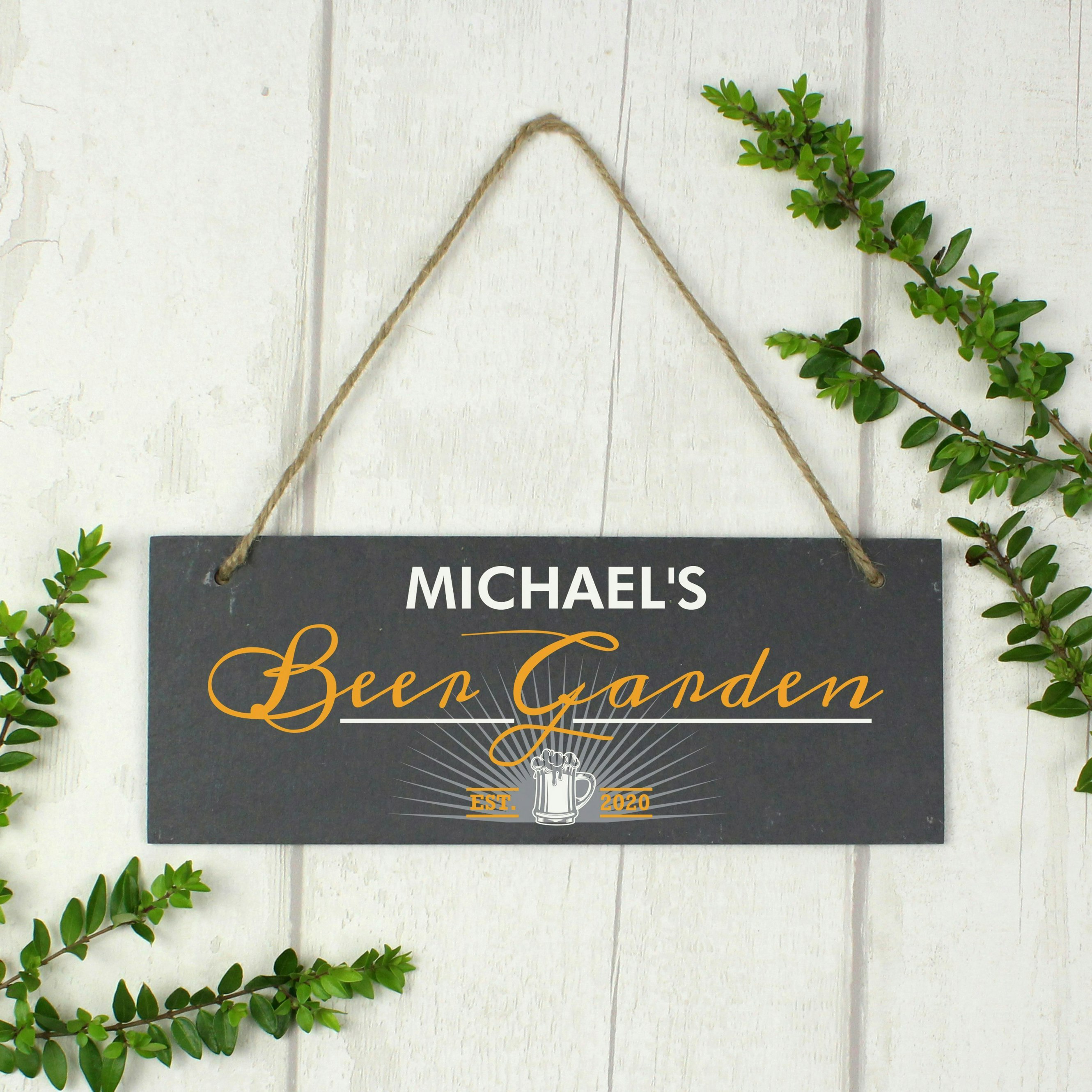 Rackhams Gold Personalised ""Beer Garden"" Printed Hanging Slate Plaque