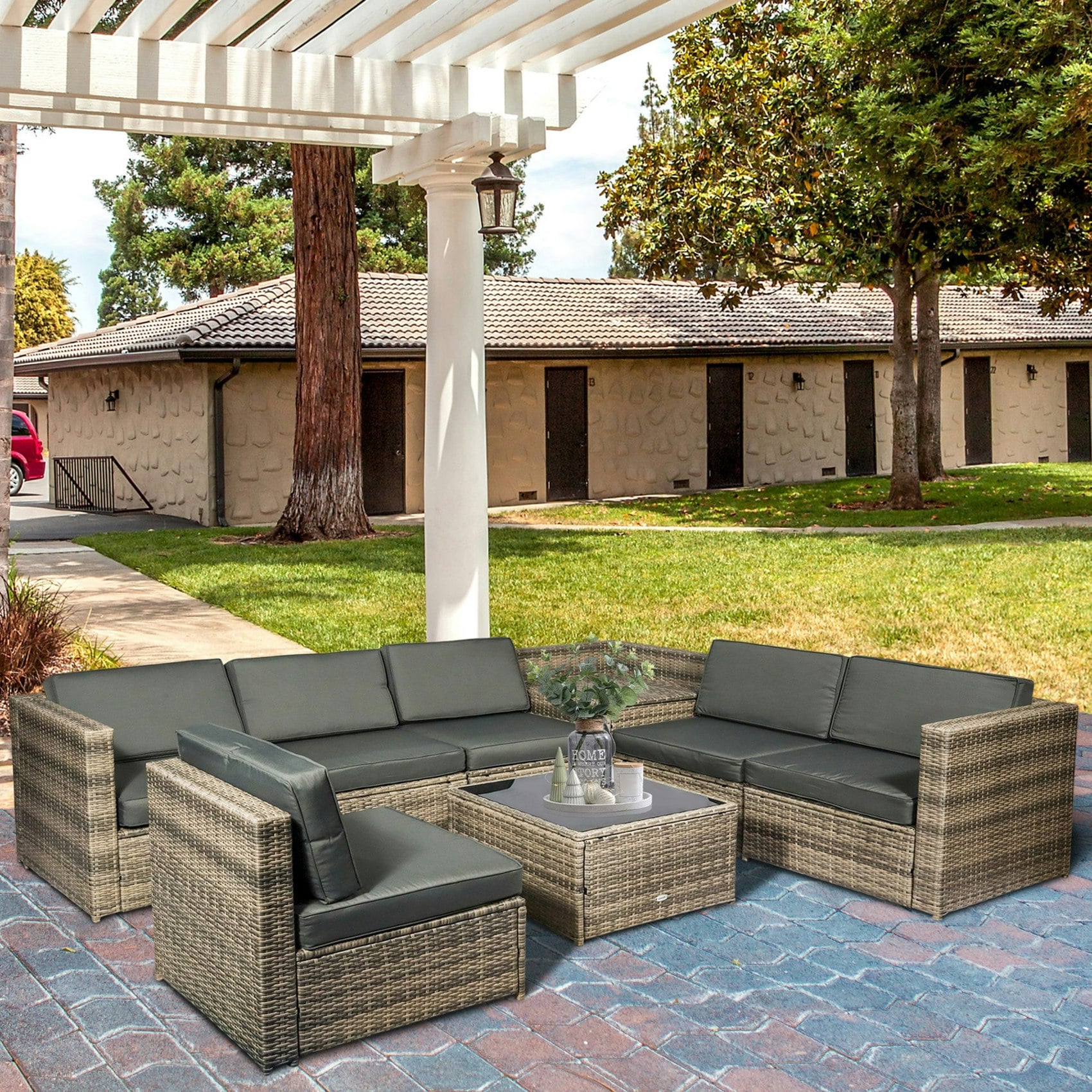 Outsunny Brown 8Pcs Patio Rattan Sofa Set Garden Furniture Side Table W/ Cushion - 58Cm X 58Cm X 37Cm - Mixed - Steel, Pe Rattan, Polyester
