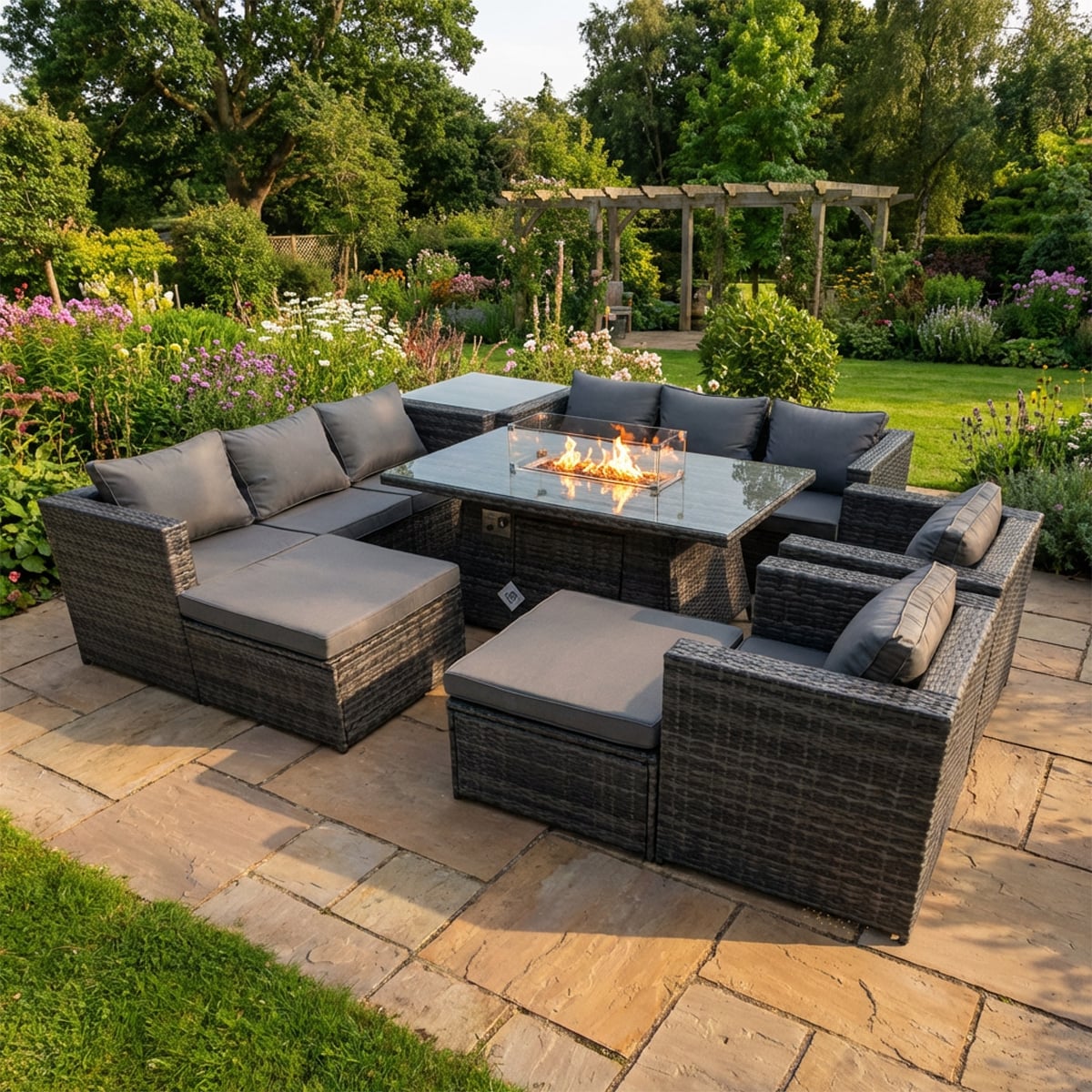 Rackhams Dark/Grey 10 Seater Rattan Garden Furniture Set With Fire Pit Dining Table, 2 Sofas, 2 Chairs, Side Table, 2 Large Footstools