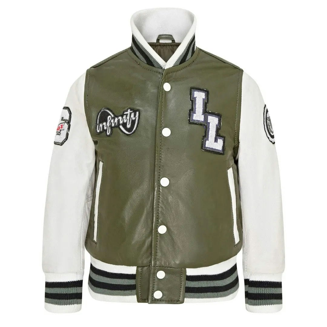 Infinity Leather Green Leather Company Kids Olive Leather Letterman Bomber Jacket - 8-9 Years