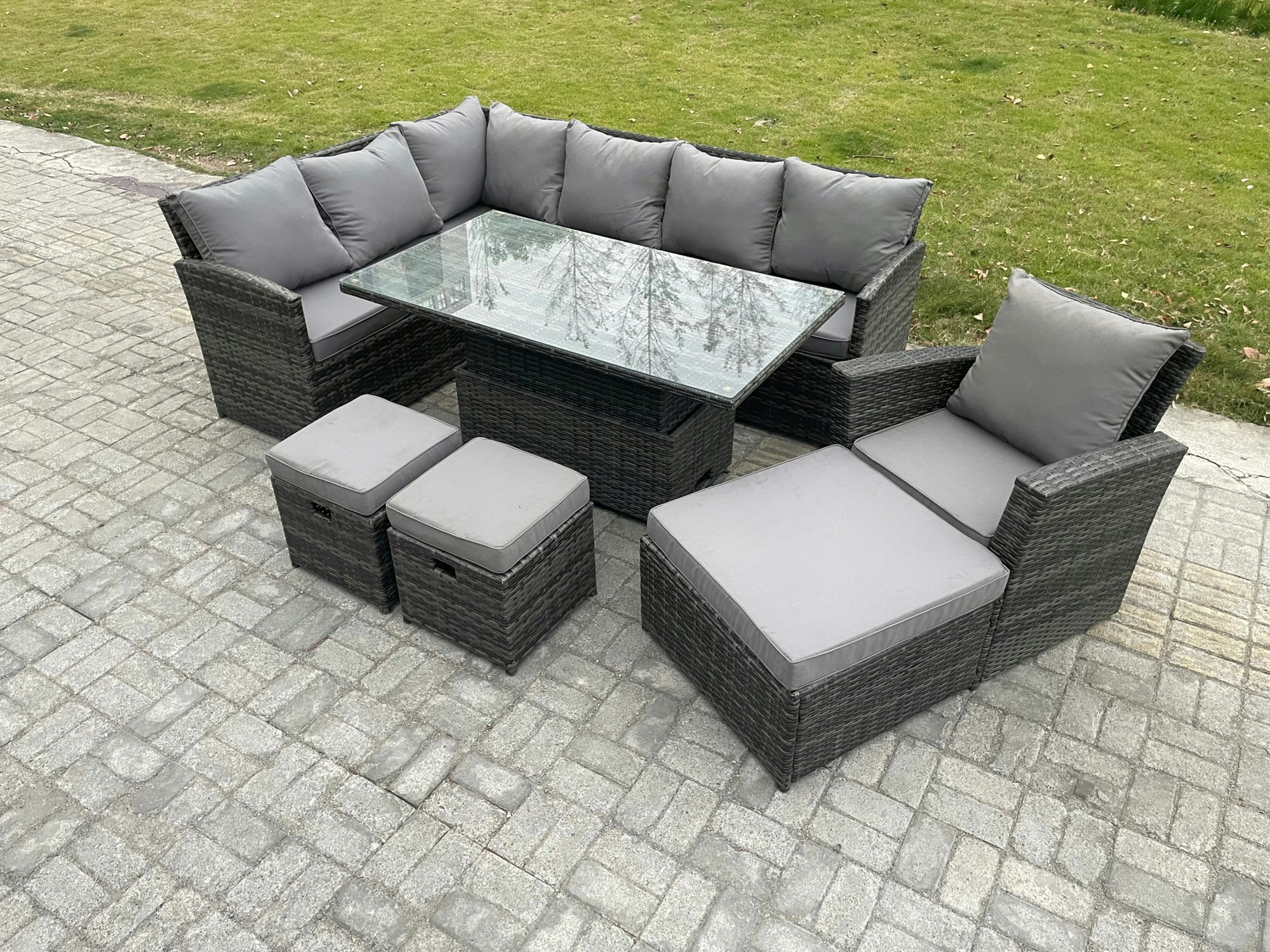 Rackhams Dark/Grey Outdoor Garden Furniture Set Wicker Pe Rattan Height Adjustable Rising Lifting Table Sofa Dining Set With 3 Footstools Armchair Mixed