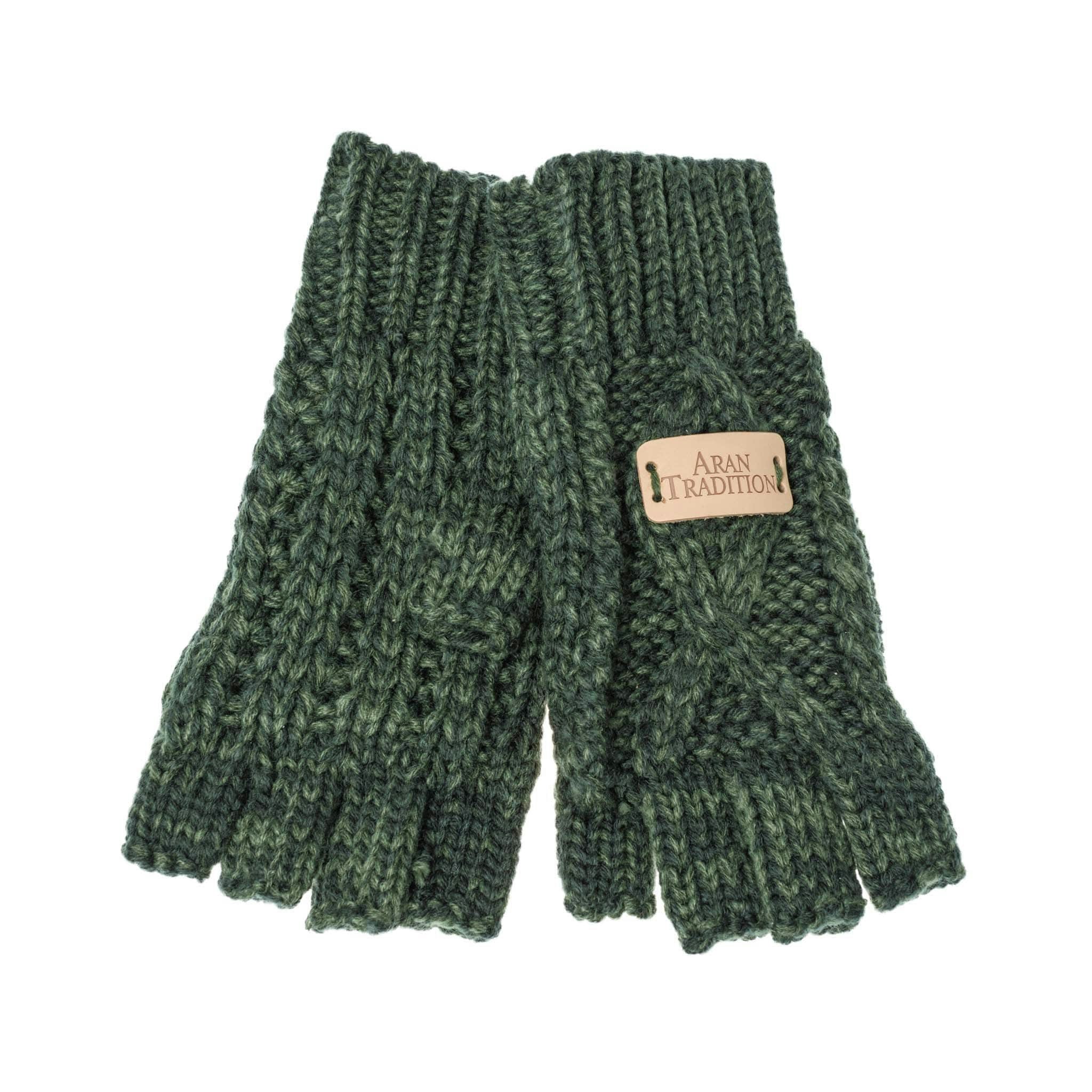 Aran Traditions Green Aran Classic Cable Fingerless Gloves - Dk Mix