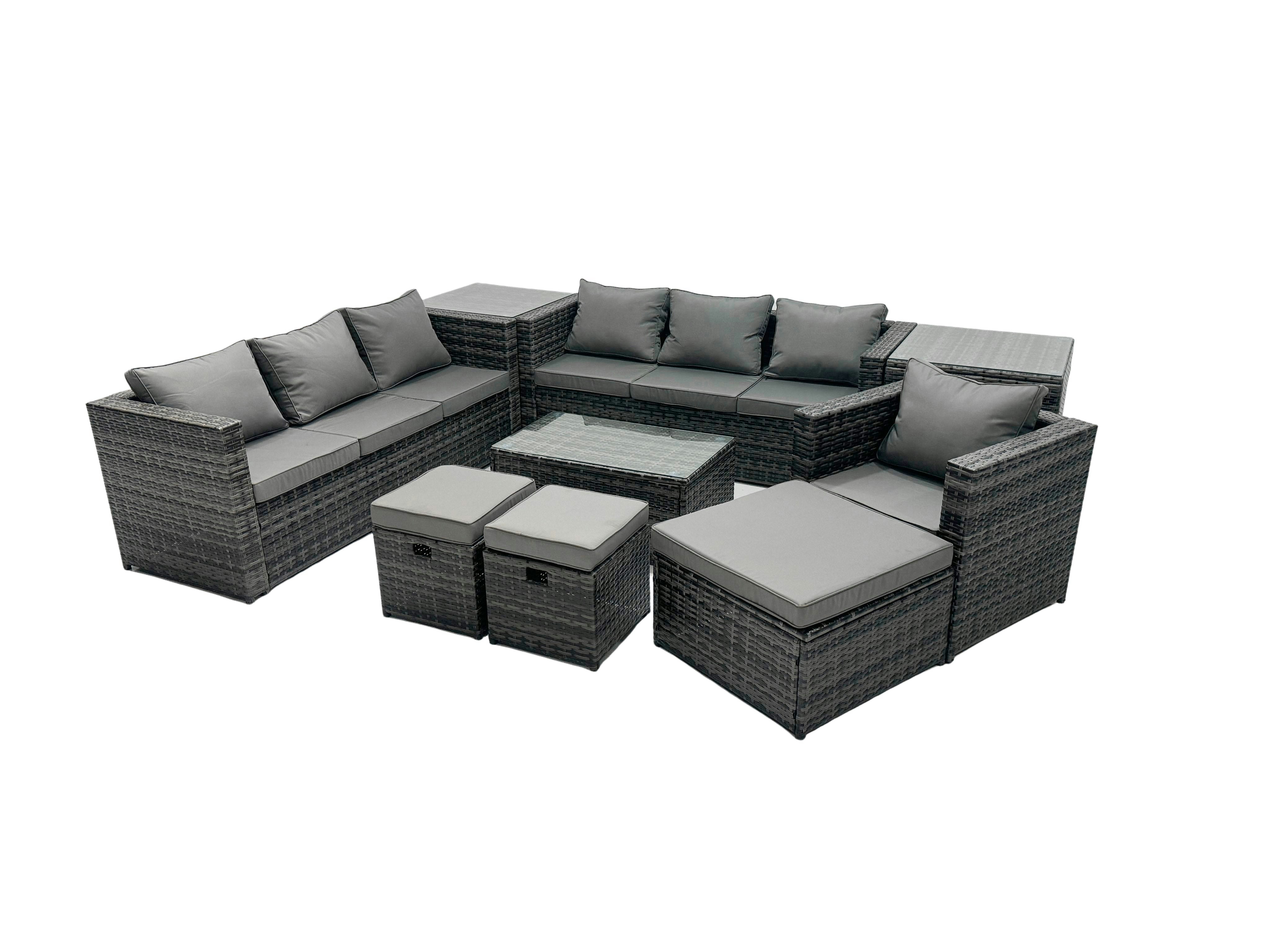 Rackhams Dark/Grey Rattan Garden Furniture Dining Set 10 Seater Patio Coffee Table Sofa Set With 3 Stools 2 Side Tables Mixed