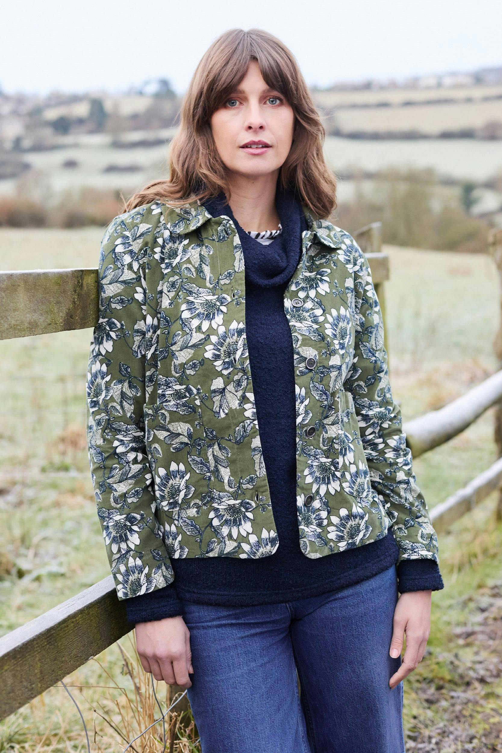 Lily & Me Ash Cotton Cord Floral Print Jacket Moss - Moss - 08