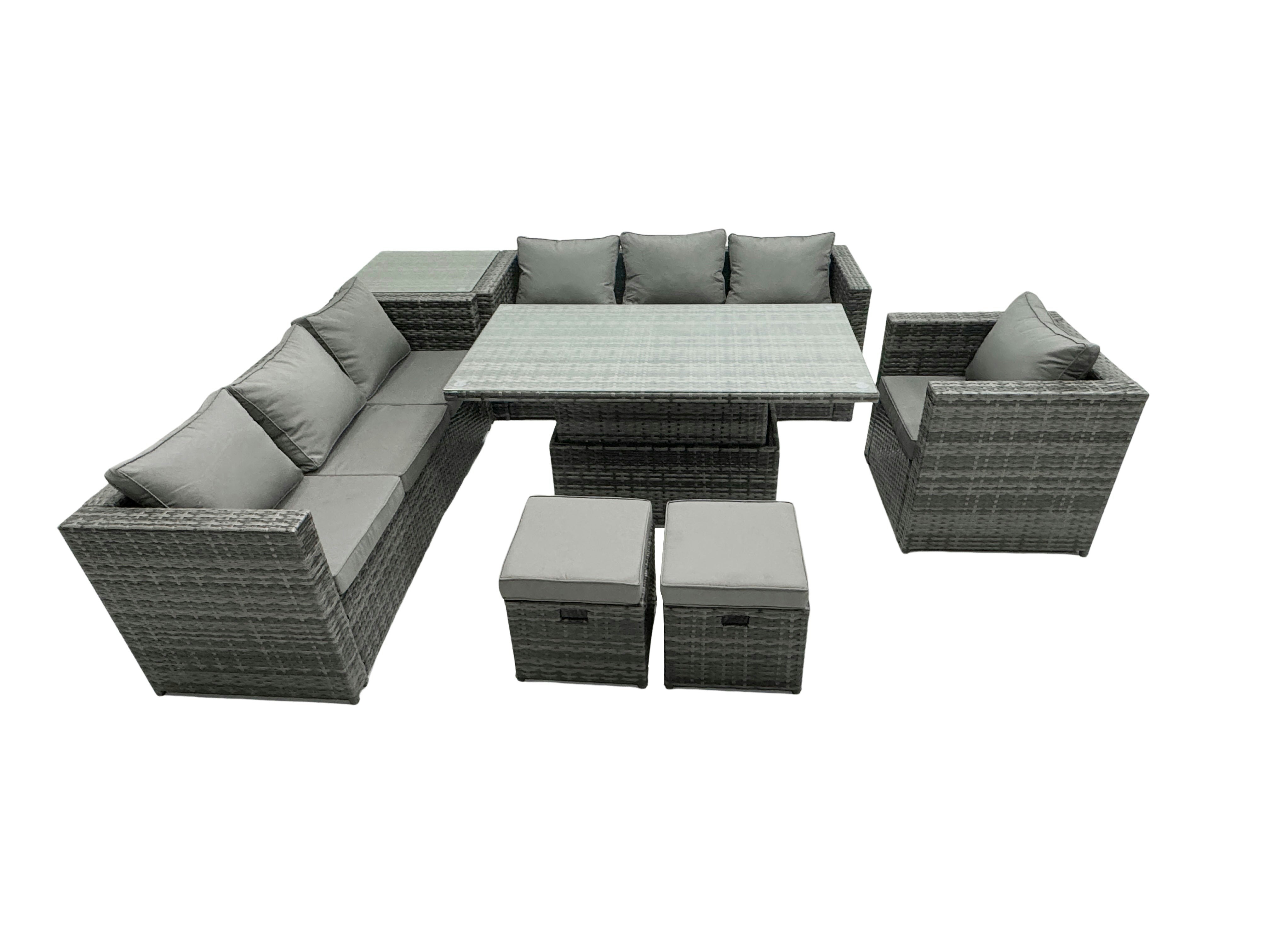 Fimous Dark/Grey 9 Seater?Outdoor Rattan Sofa Set Adjustable Rising Lifting Side Tables Chairs Footstool Mixed