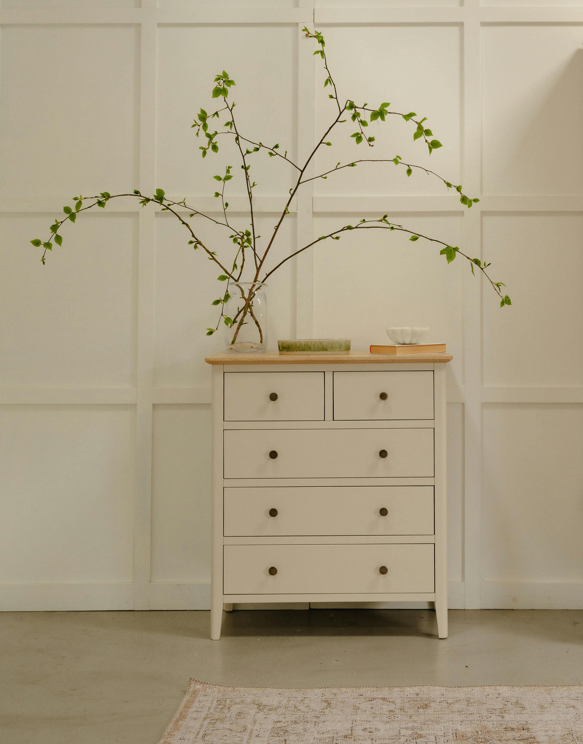 Rackhams Cream Pembroke Wooden 2 Over 3 Chest Of Drawers With Oak Top, Assembled Bedroom Storage - Pebble,