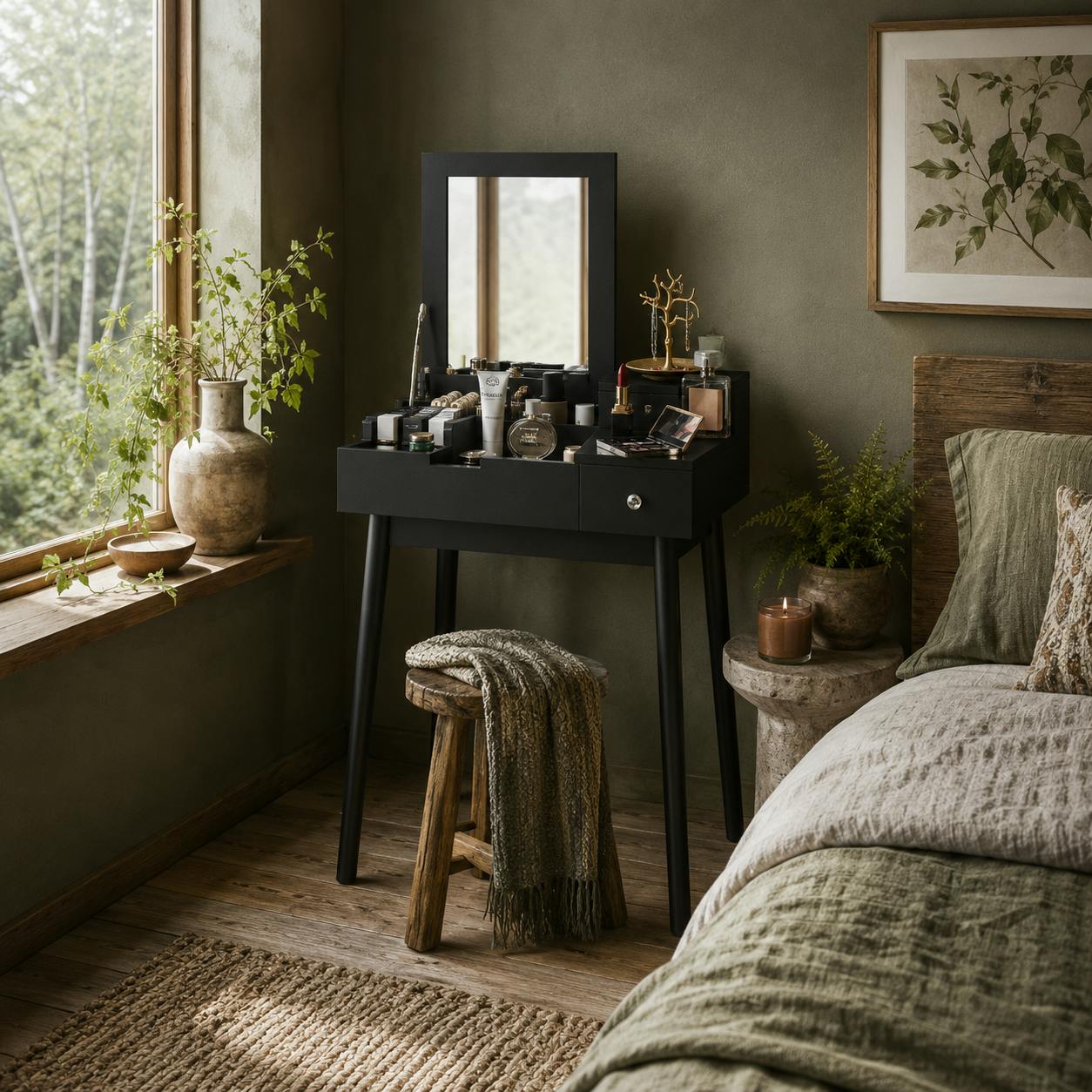 Wyld Haus Black Sinotti Dressing Table With Flip Up Mirror 2 Drawers And Wood Legs