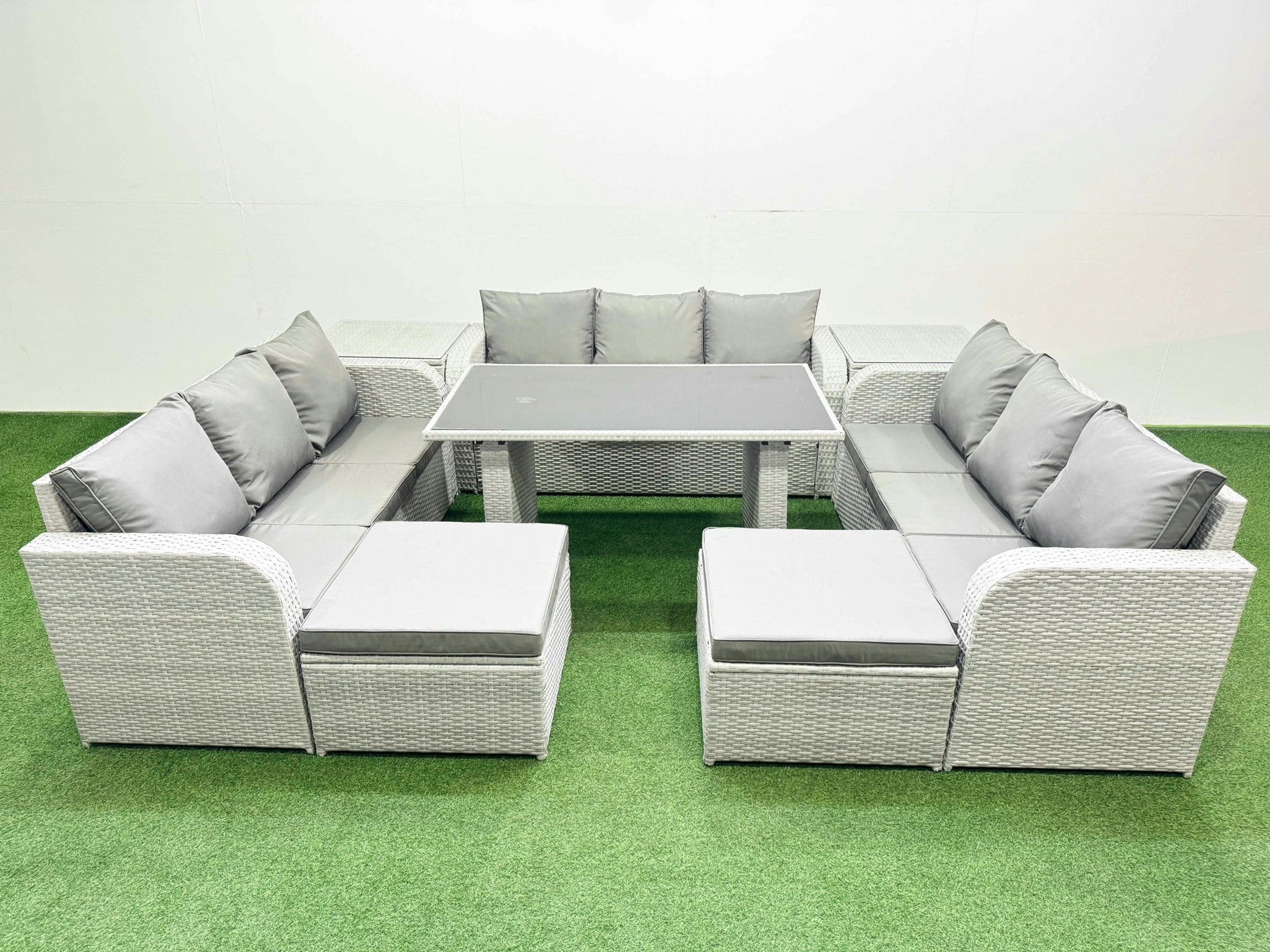 Fimous Black/Light/Grey Patio Garden Furniture Sets With Glass Top Dining Table 3 Seater Sofa 2 Side Tables 2 Big Stool