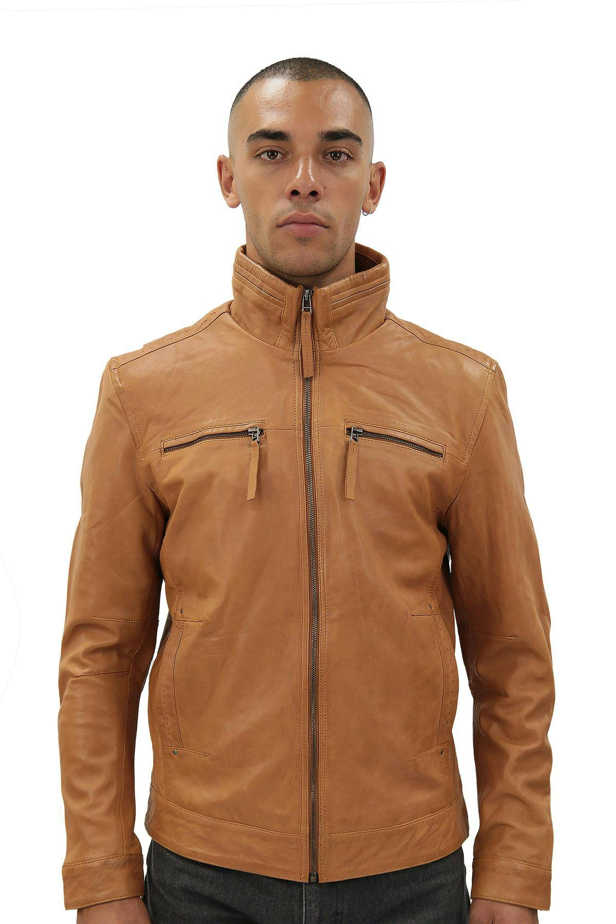 Infinity Leather Men's Grain Classic Leather Biker Jacket-Caracas - Tan - Uk 2XL | Eu 54 | Us 44