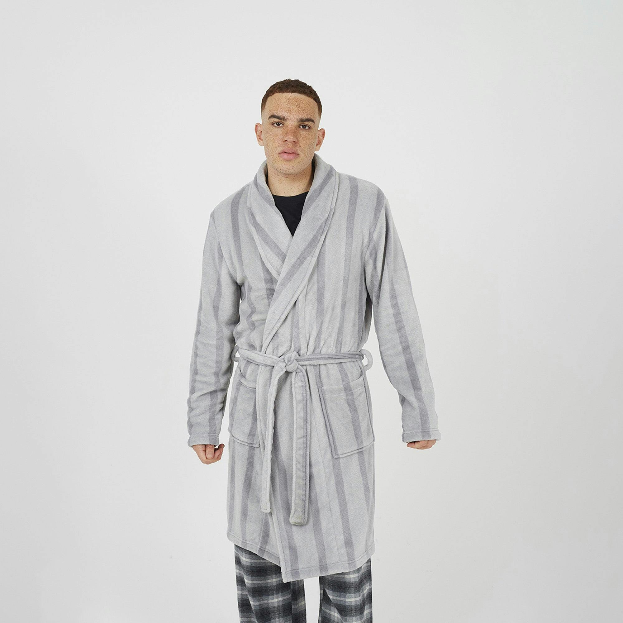 Striped Long Length Mens Sherpa Dressing Gown - - Image 2