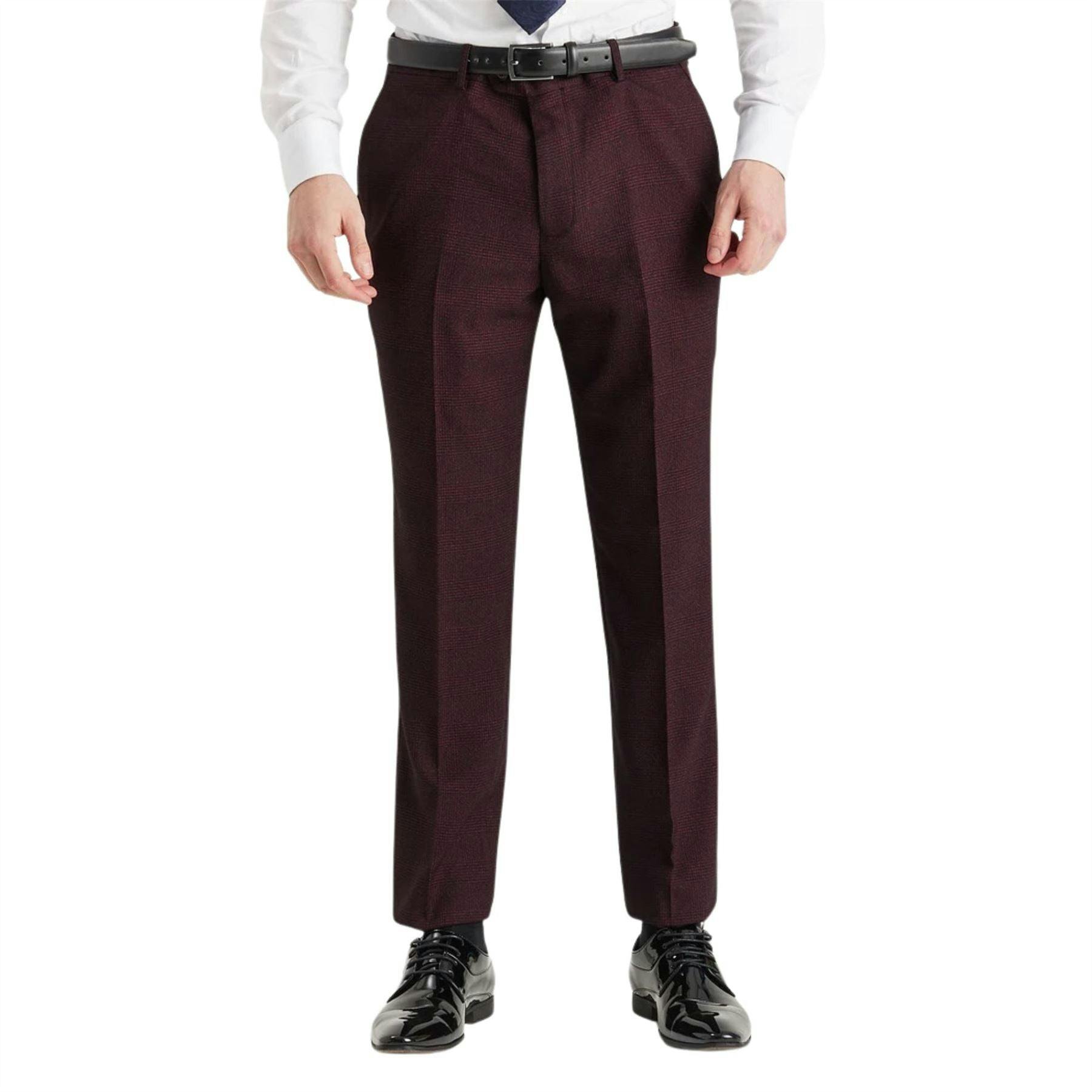 Infinity Leather Men's Wine Suit Trouser Prince Of Wales Formal Trouser - Wine - 44