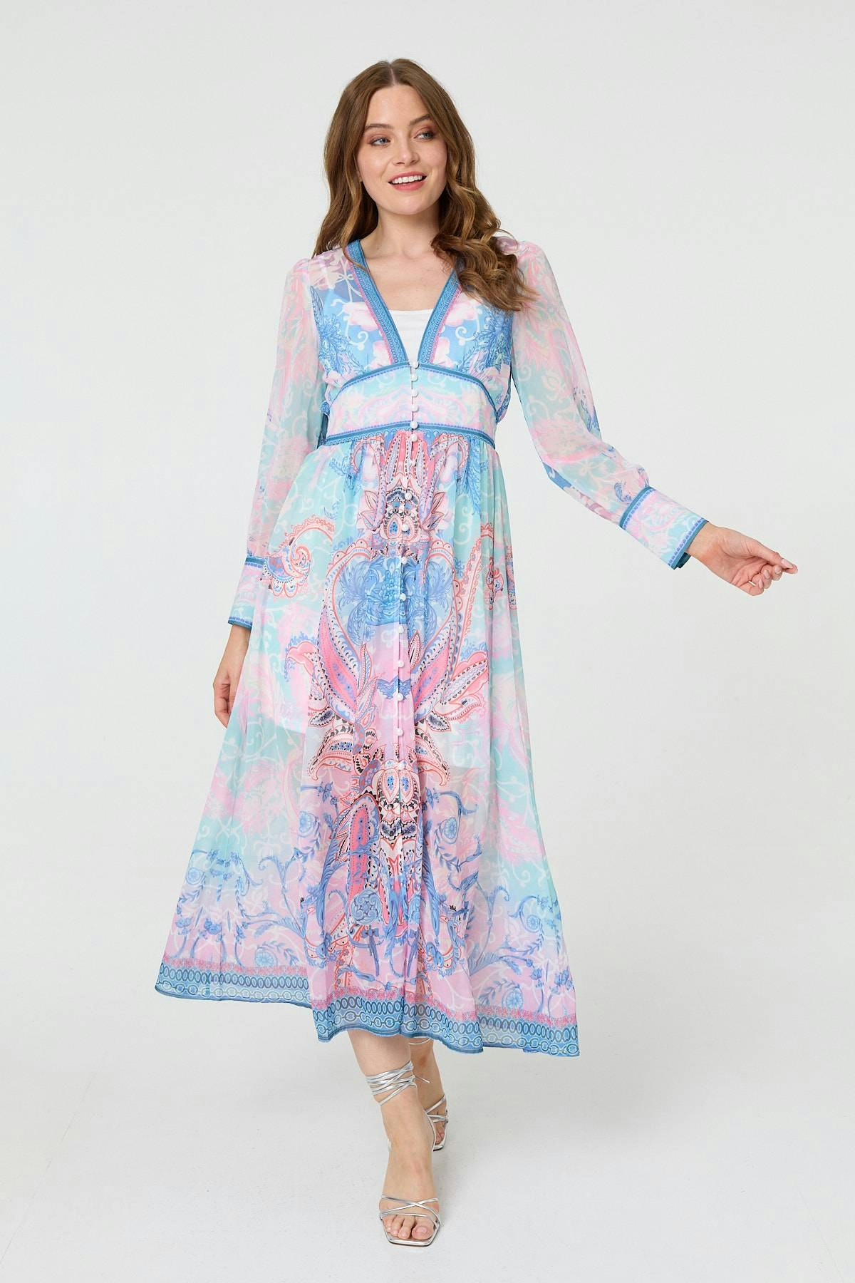 Izabel London Blue Border Print Layered Empire Midi Dress - 12