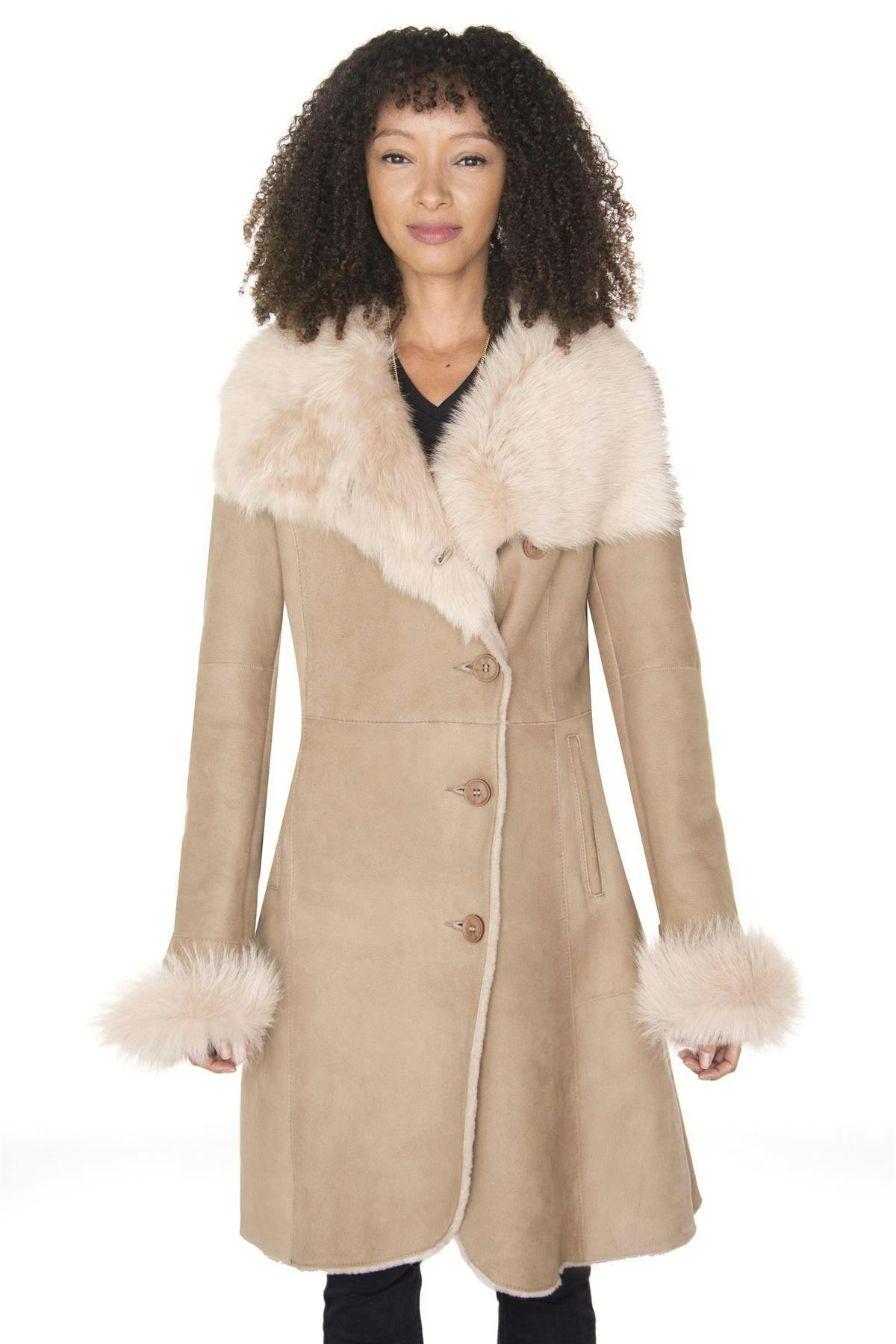 Infinity Leather Women's Beige Suede Merino Shearling Coat With Toscana Collar-Hanoi - Uk S/10 | Eu 36 | Us 6