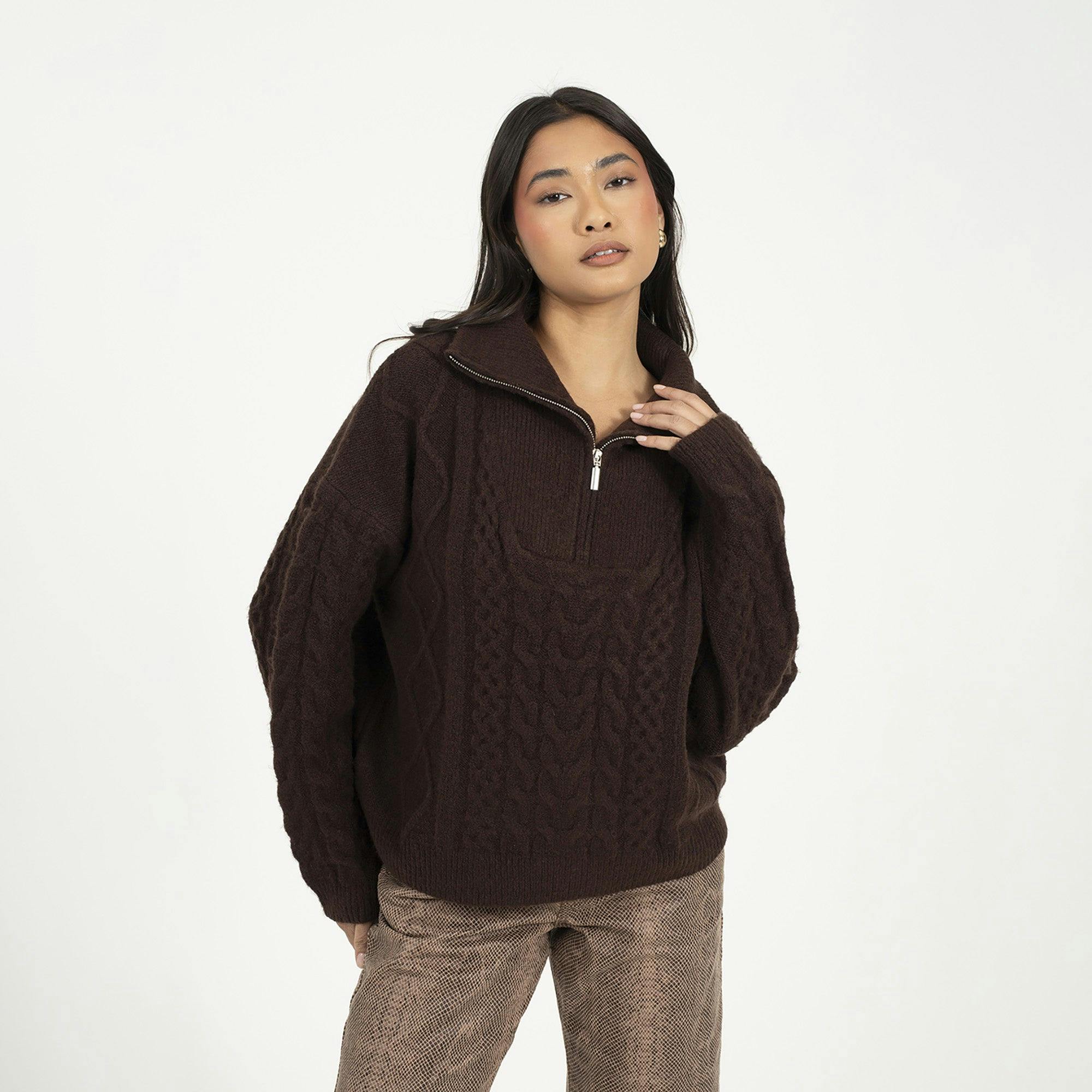 Brave Soul Brown Quarter Zip Cable Knit Jumper - Xs
