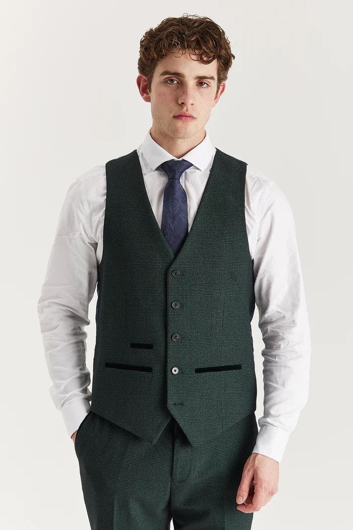 Infinity Leather Men's Green Suit Waistcoat Prince Of Wales Formal Waistcoat - 44