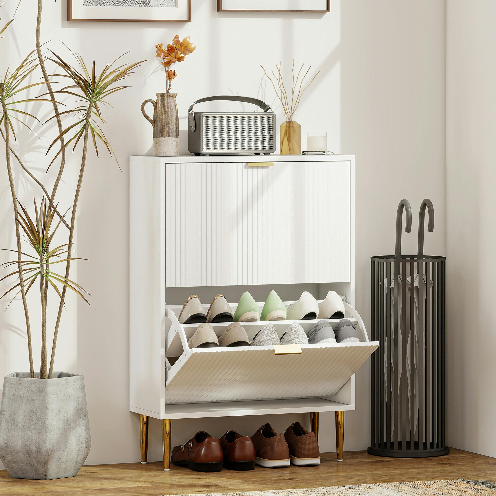HOMCOM Slim Shoe Storage Cabinet with 2 Flip Drawers for Hallway in White - Image 2