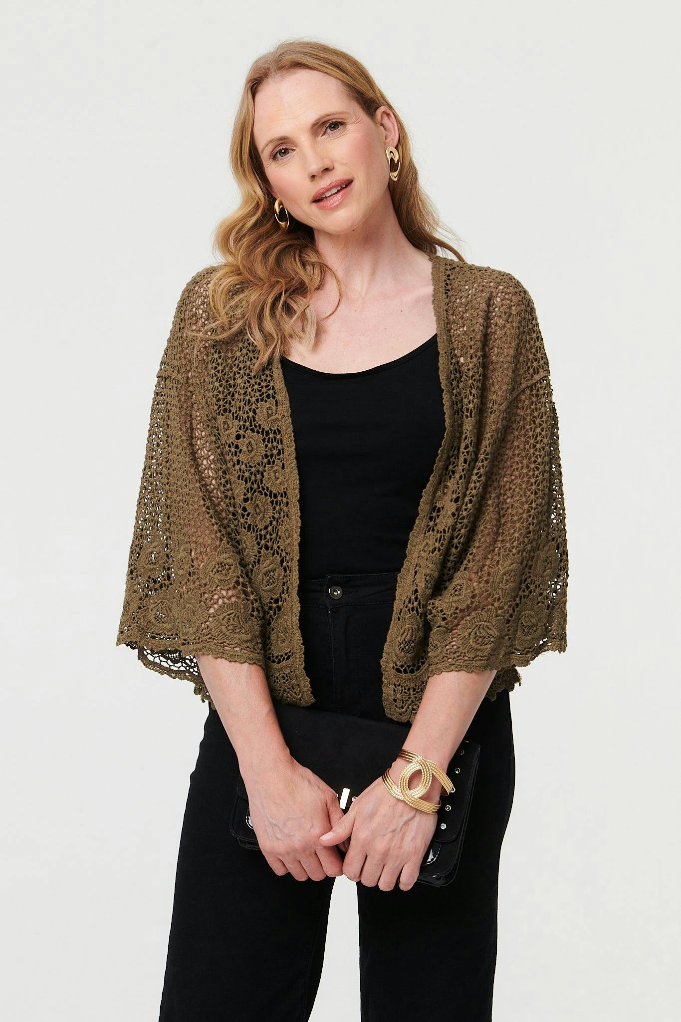 Izabel London Crochet Textured Open Front Cardigan - S/M - Olive