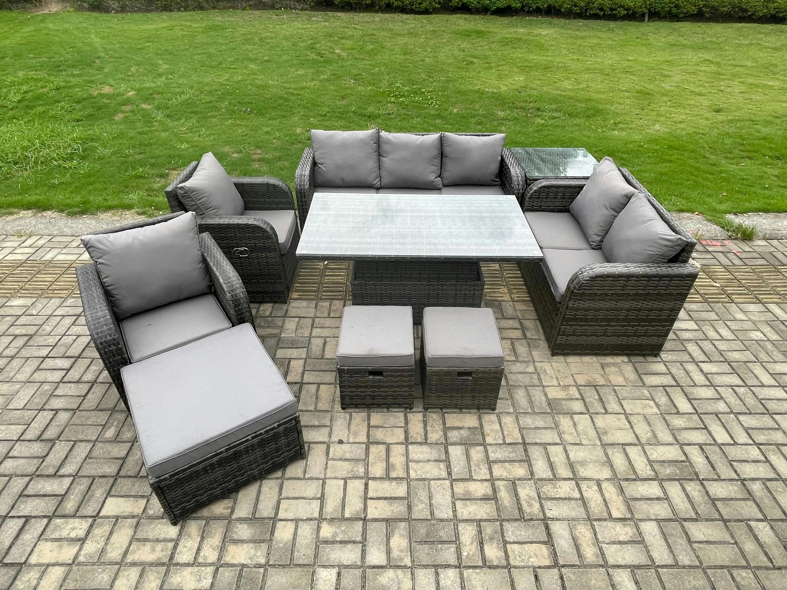 Fimous Dark/Grey Wicker Pe Rattan Garden Furniture Patio Set, Adjustable Height Dining Table, Reclining Chair Sofa, Side Table, 3 Footstools, Mixed