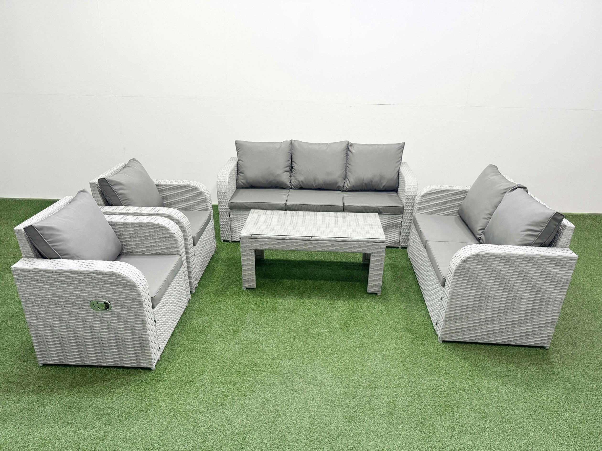 Fimous Light/Grey Pe Rattan Garden Furniture Set Adjustable Chair Sofa Double Love Seat 2 Seater Sofa Lounge Set Rectangular Coffee Table