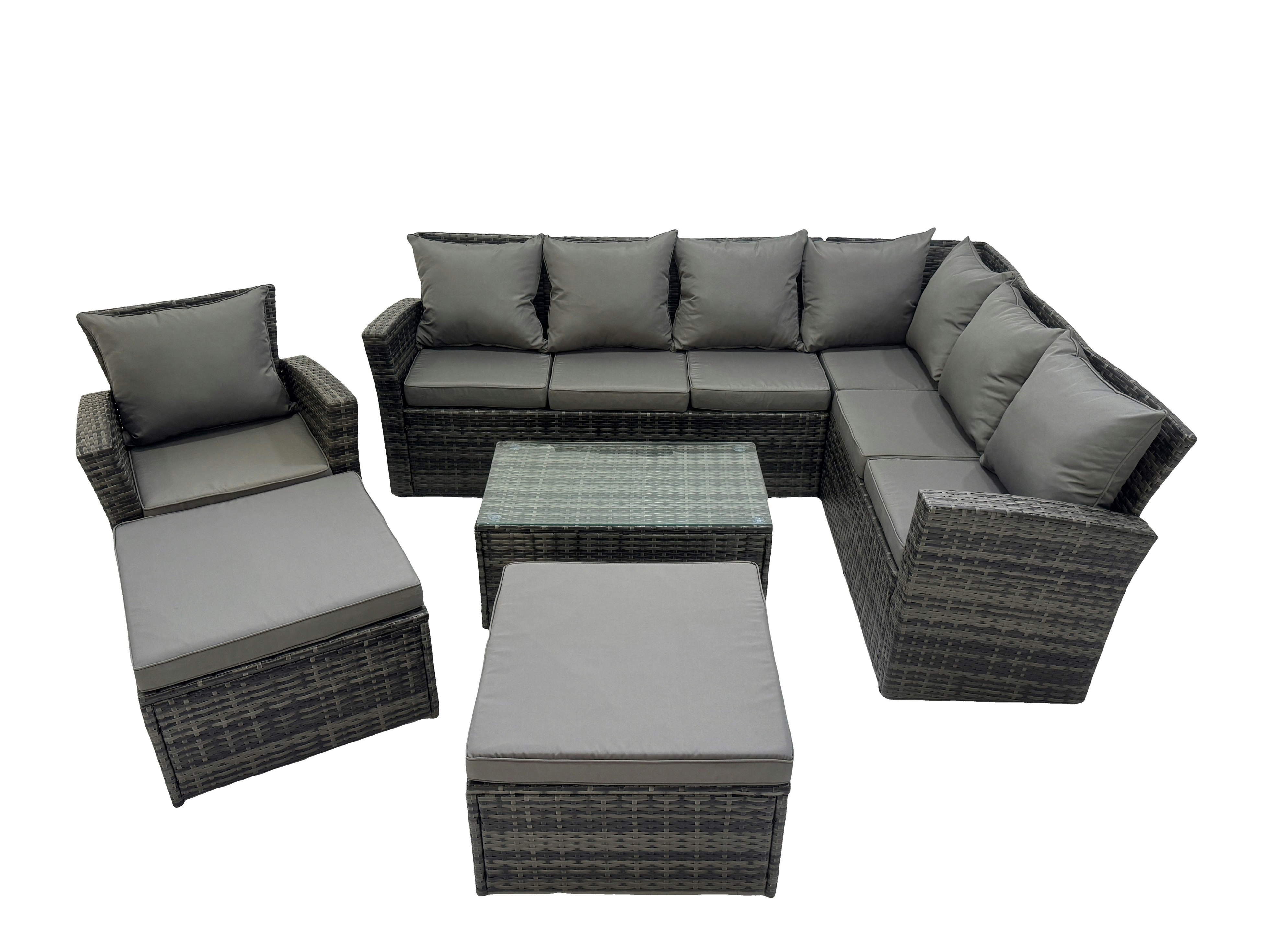 Rackhams Dark/Grey Rattan Garden Outdoor Furniture Set 9 Seater Garden Sofa Coffee Table Set With Chair 2 Big Footstools Mixed