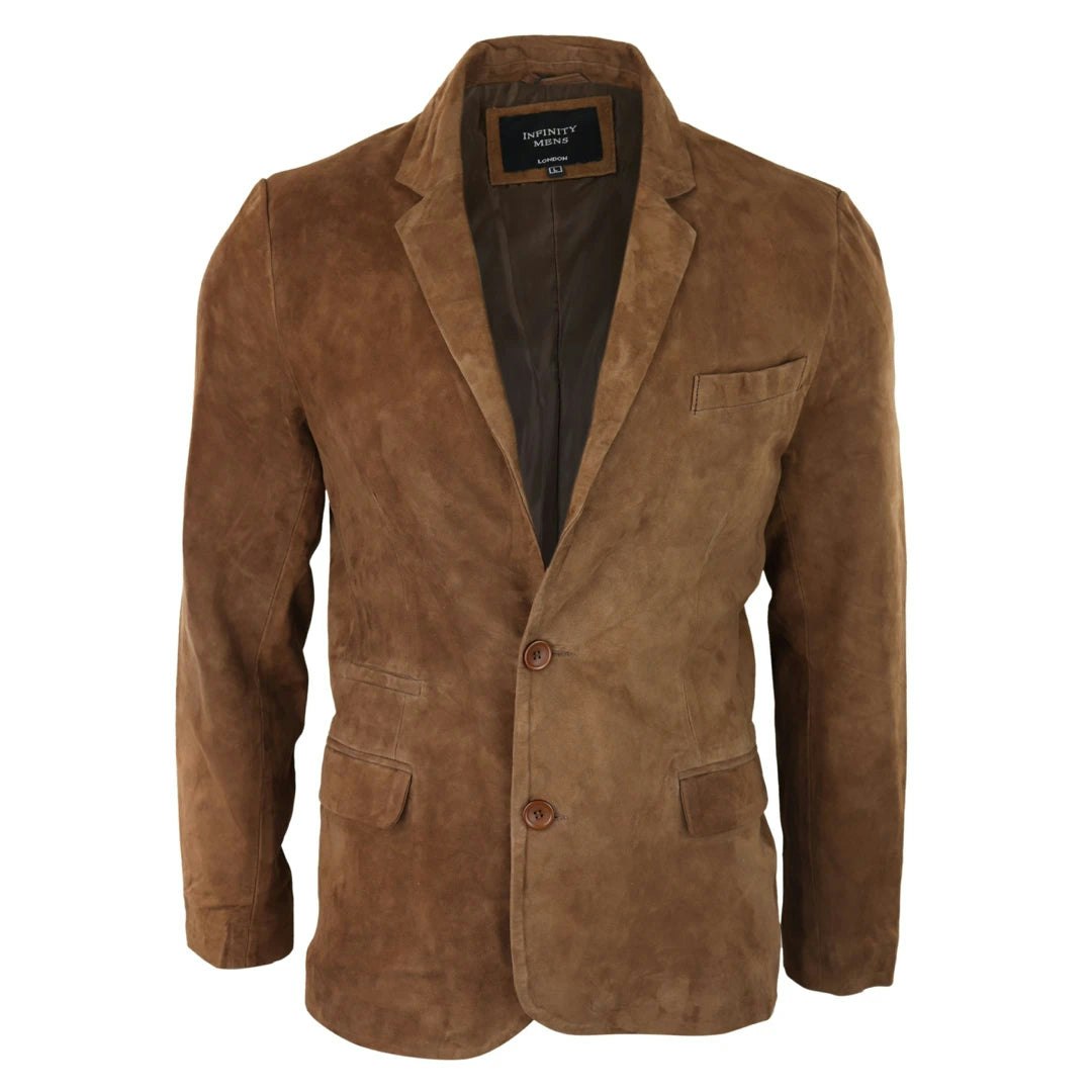Infinity Leather Men's Leather Company Genuine Suede Blazer Style Jacket Leather Classic Vintage Smart Casual - Tan - Medium