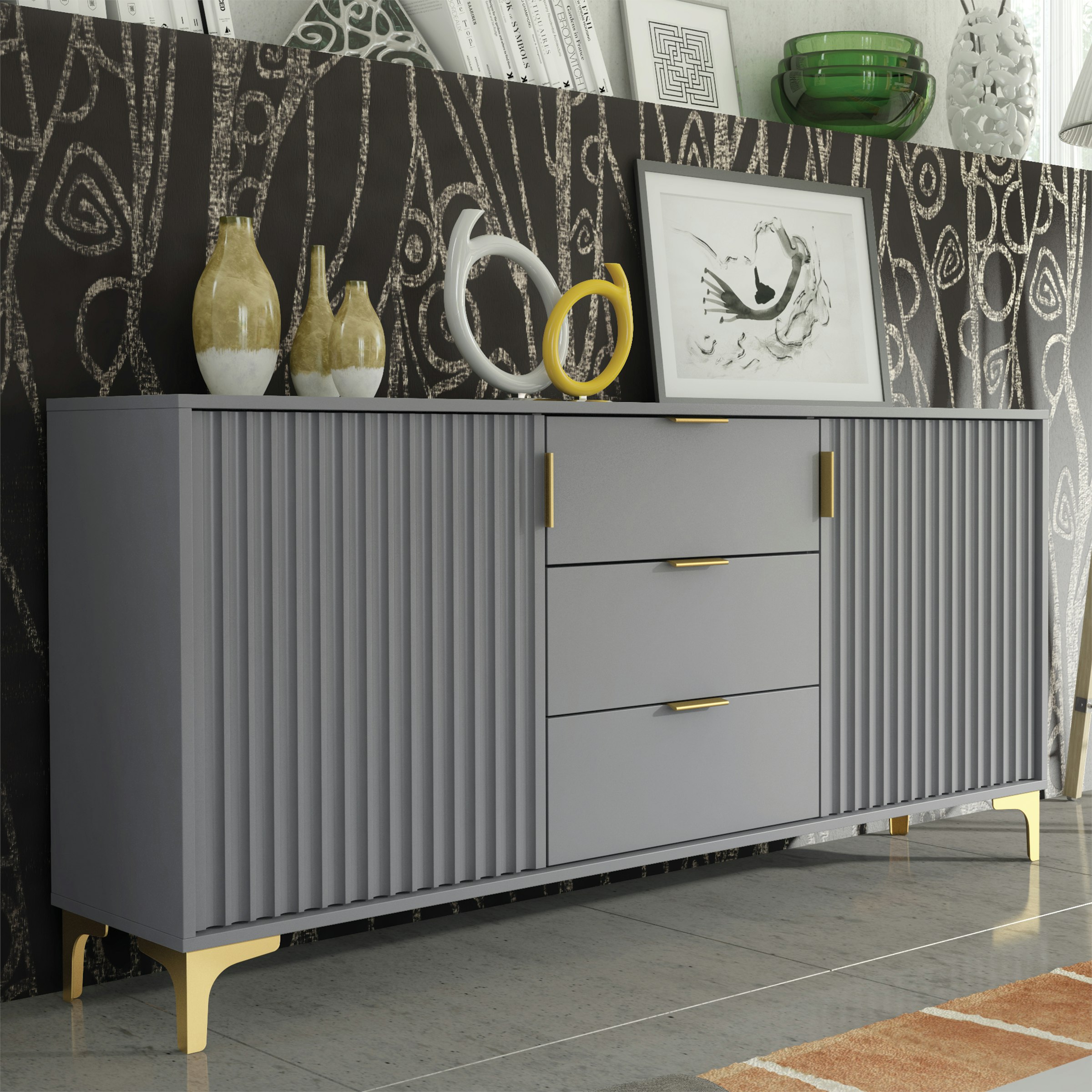 Mex Furniture Grey/Gold Captivating 140Cm Sideboard With Ribbed Doors, 3 Drawers & Accents - 140 Cm - Mdf/Chipboard