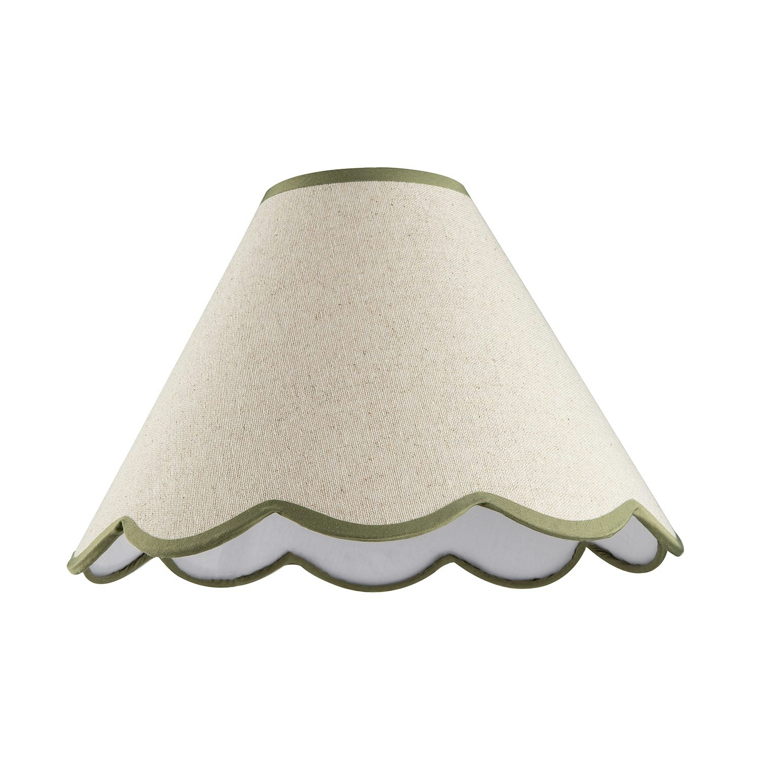 Happy Homewares Green/Beige/White Scallop Edge Natural Textured Linen Coolie Lamp Shade With Olive Trims