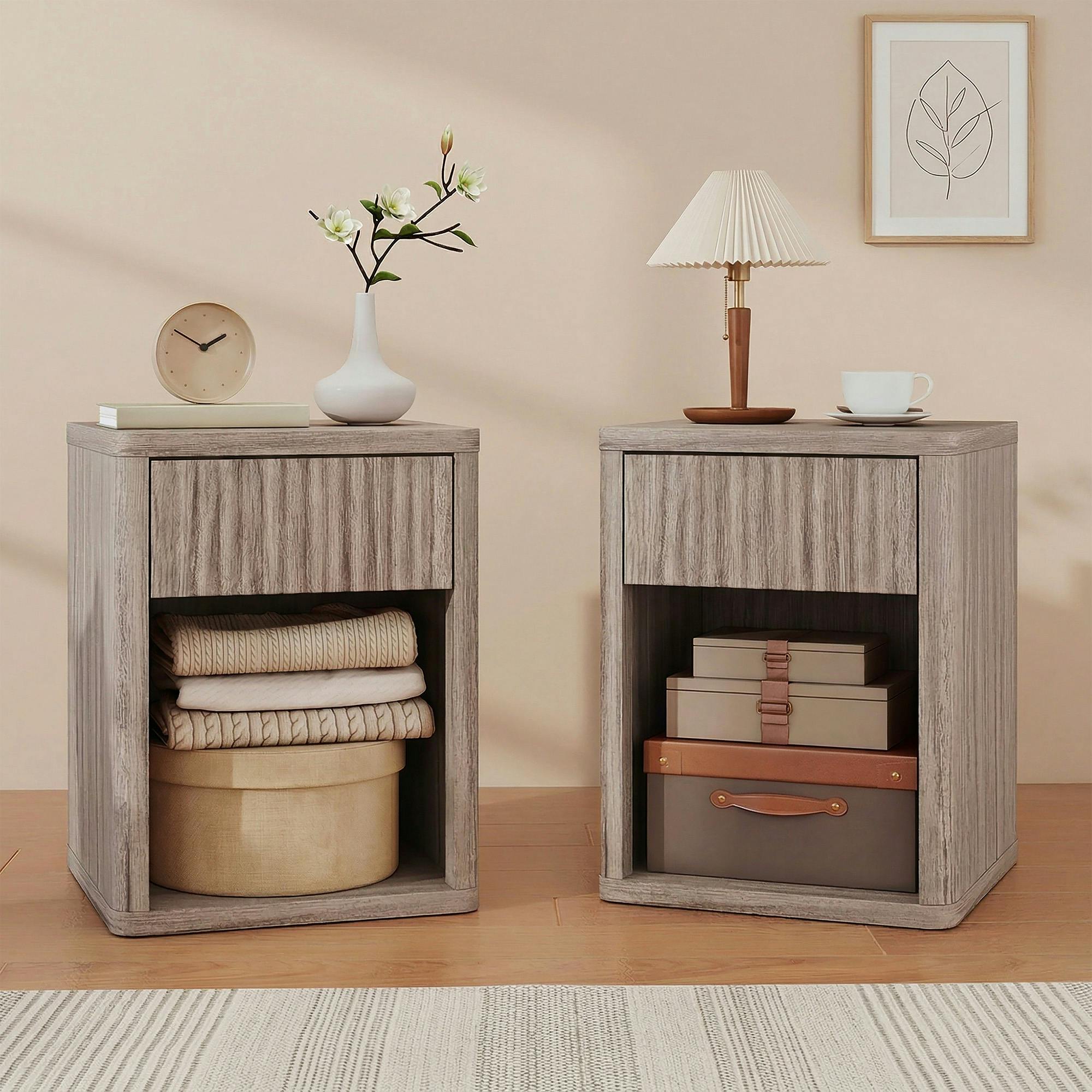 Homcom Grey Modern Nightstand With Drawer And Open Shelf, Set Of 2, Oak - 52