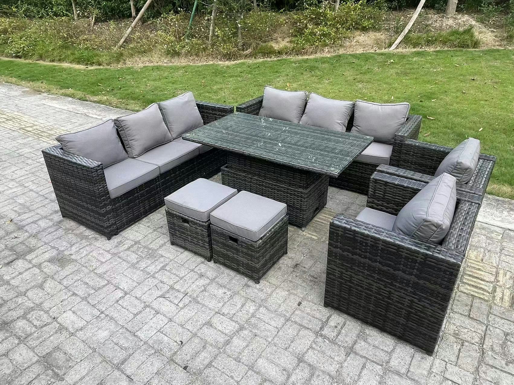 Rackhams Dark/Grey 10-Seater Wicker Pe Rattan Outdoor Sofa Set | Adjustable Rising Dining Table, 2 Armchairs, 2 Stools, 2 Side Tables