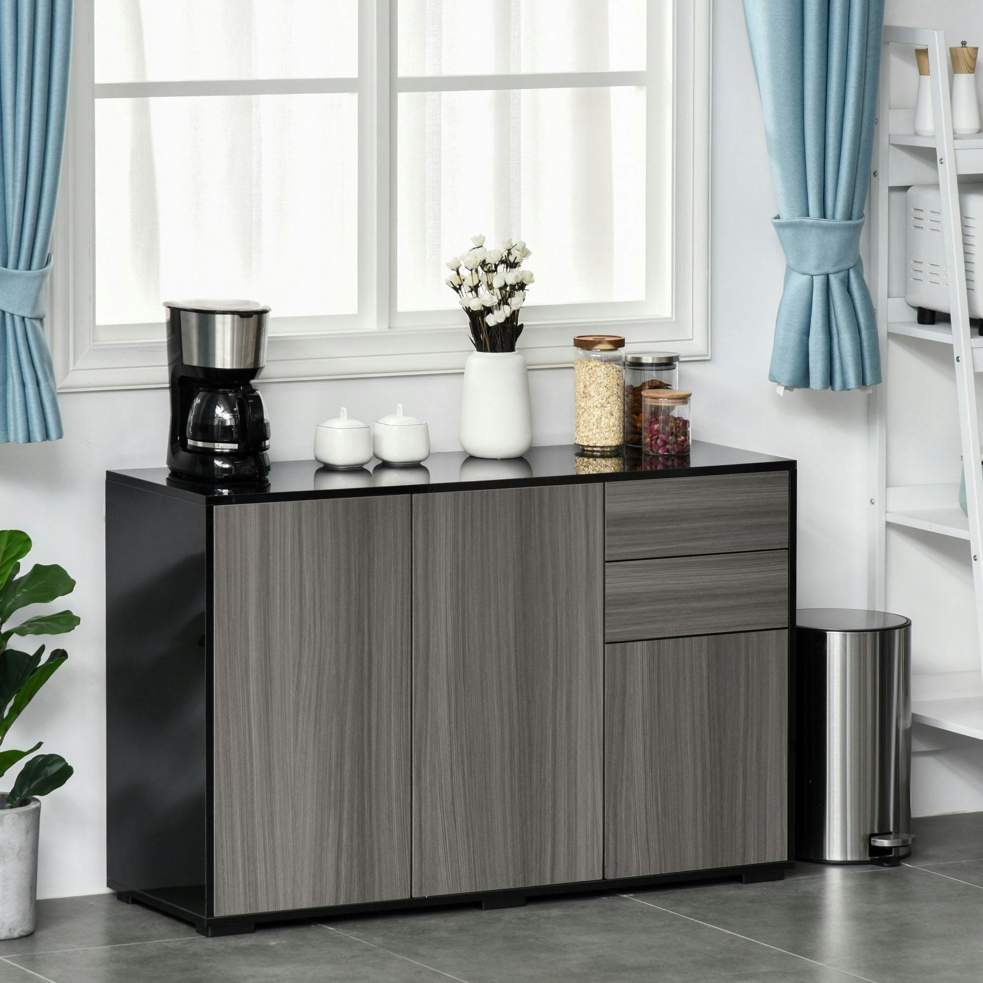 Homcom High Gloss Frame Side Cabinet With 2 Door And 2 Drawer, Grey Black - Image 5