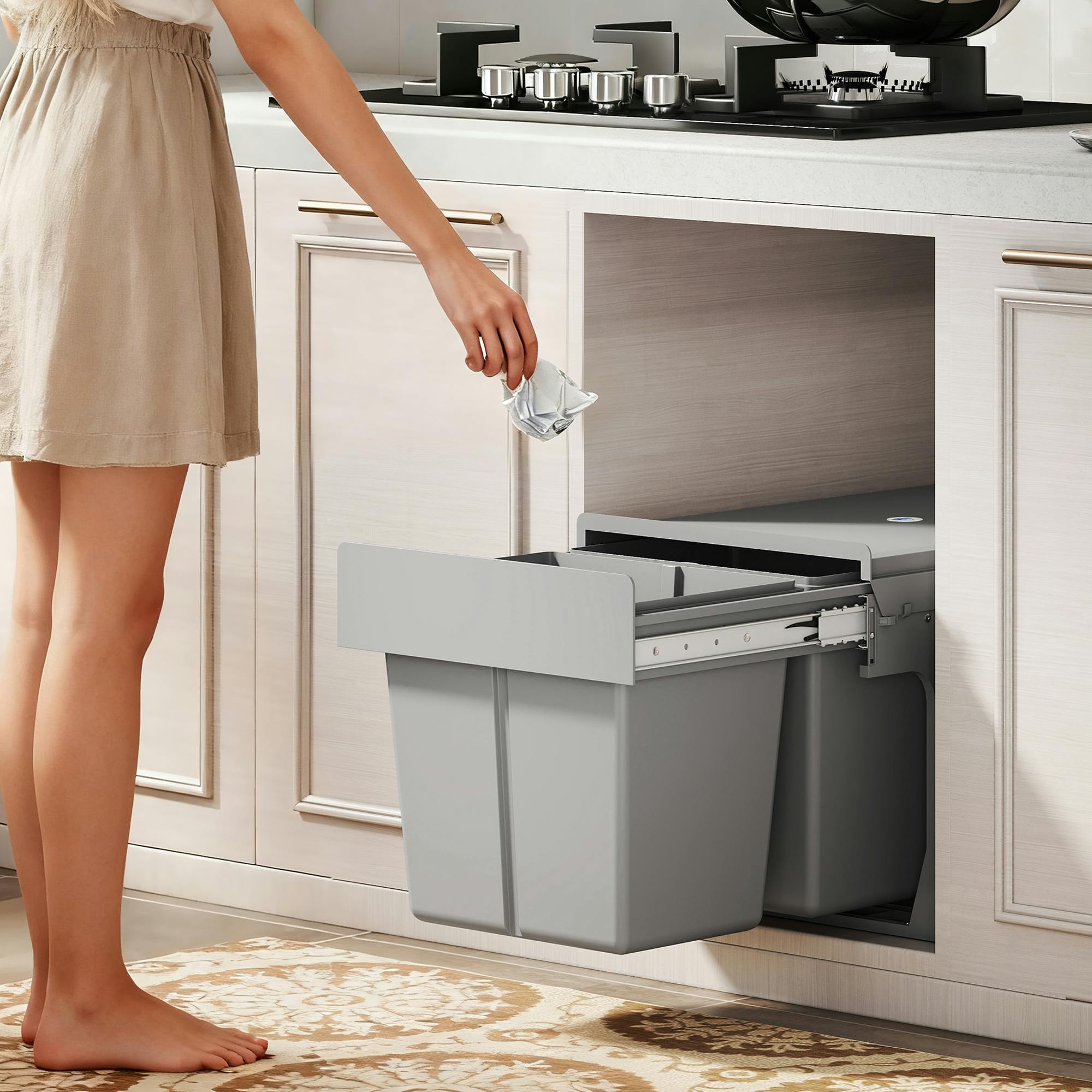 Homcom Soft Close Pull Out Bin, Under Sink Bin - 2 Compartments (15L Each) - Image 4