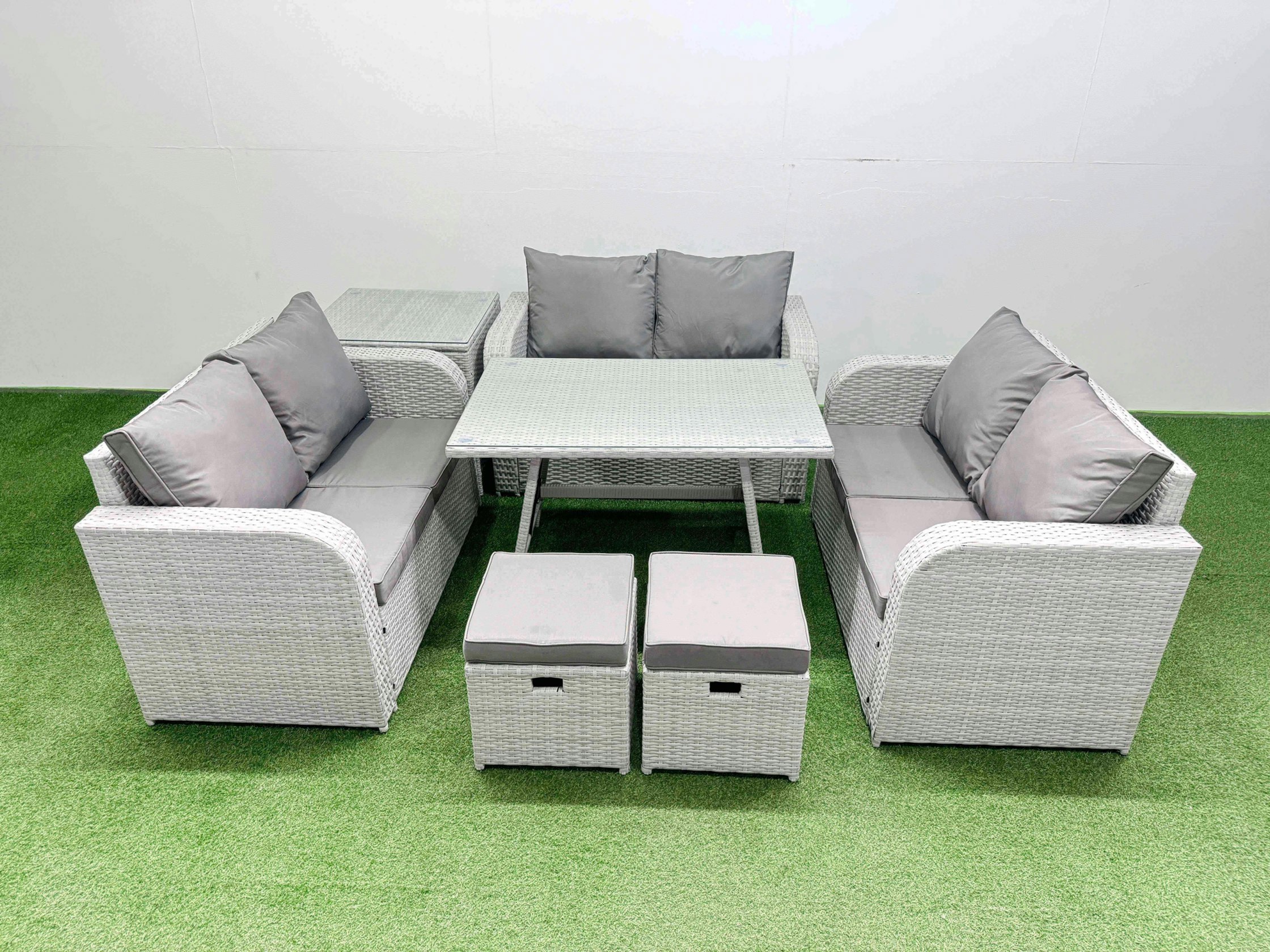 Rackhams Dark/Grey Rattan Garden Furniture Dining Set 8 Seater Patio Rectangular Table Love Sofa Set With Side Table 2 Small Stools