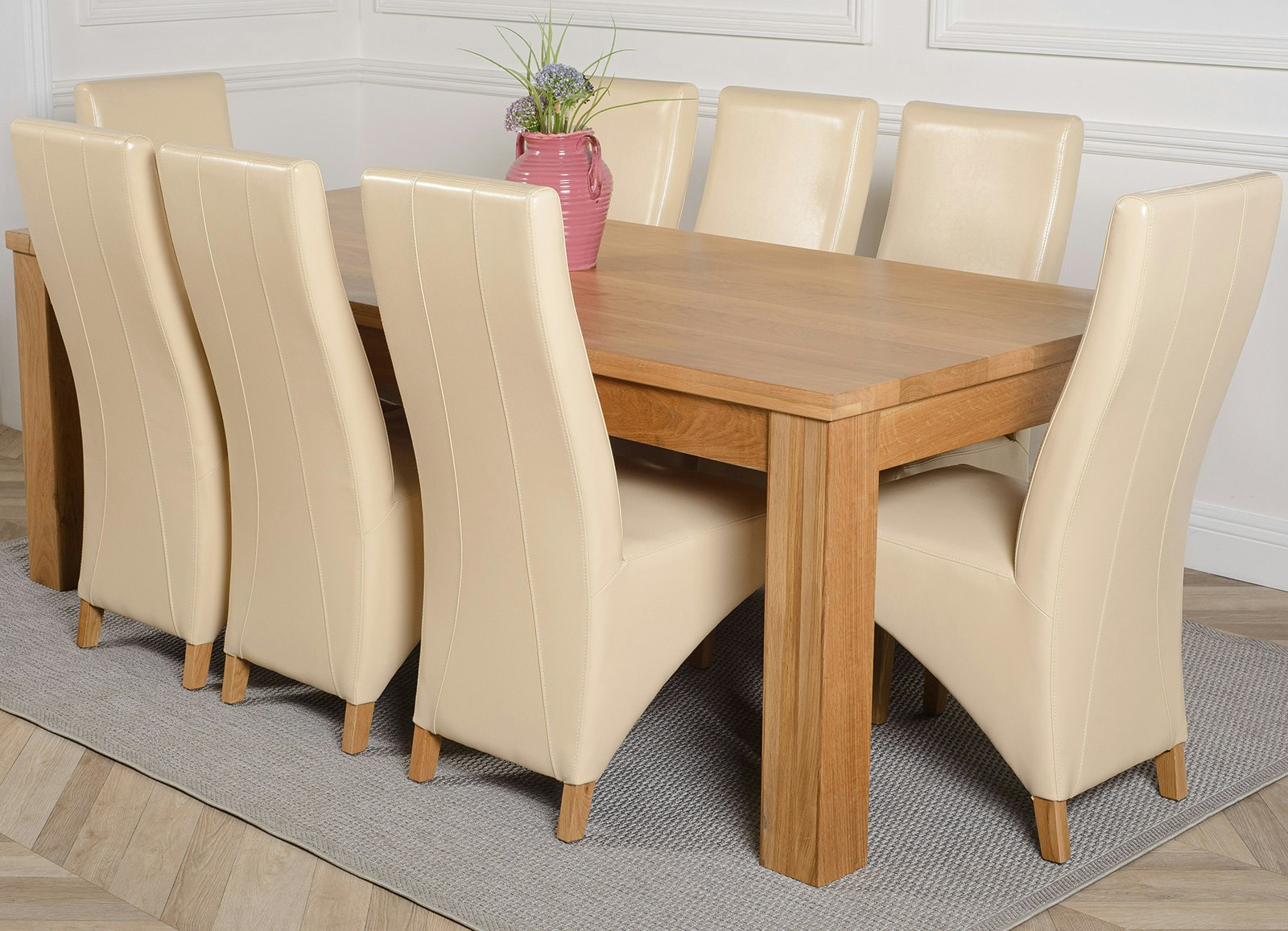Rackhams Ivory Dakota Extra Large Oak Dining Table With Lola Leather Chairs - 8 Chairs