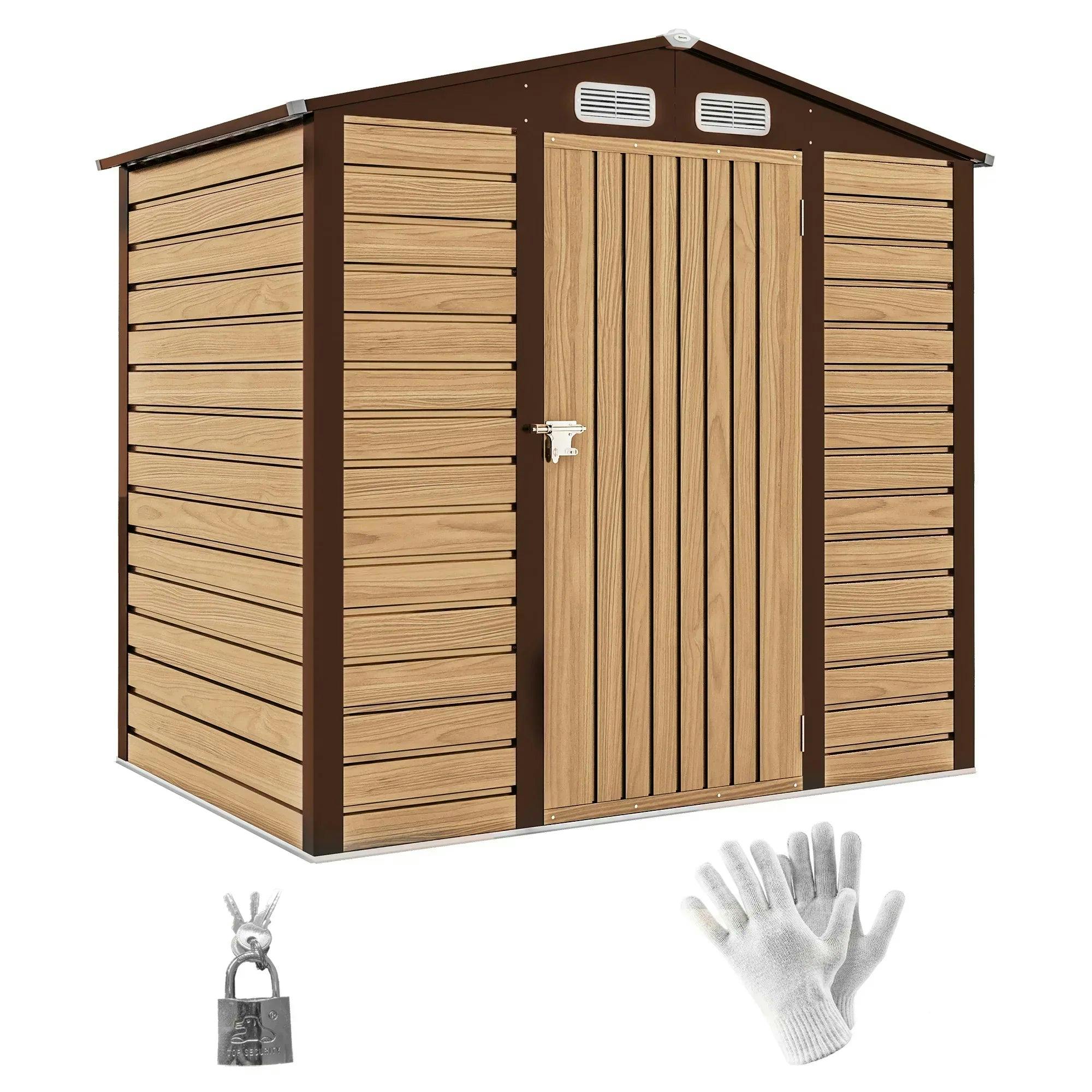 6.2x4.3FT Metal Garden Shed Ventilated Outdoor Tool Storage Oak Finish Steel - Image 5
