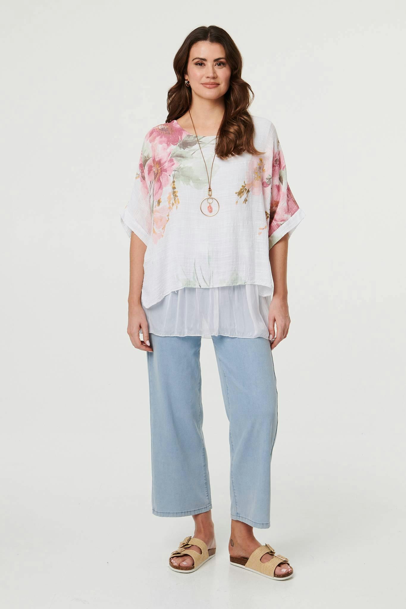 Izabel London White Floral 3/4 Sleeve Layered Tunic Blouse - 10