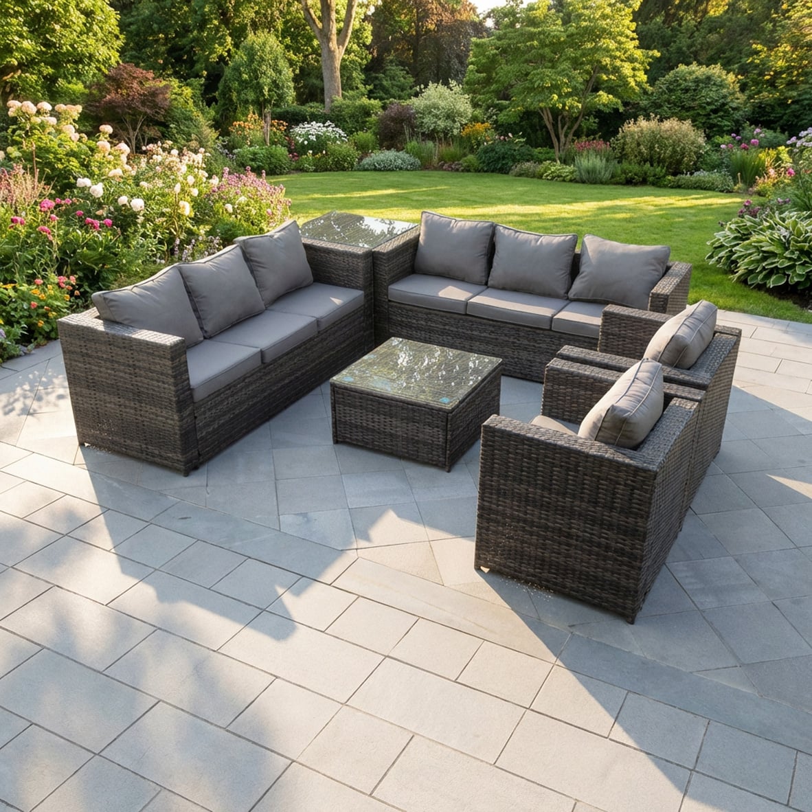 Fimous Dark/Grey 8 Seater Rattan Garden Furniture Corner Sofa Set With Coffee Table, 2 Chairs & Side Table