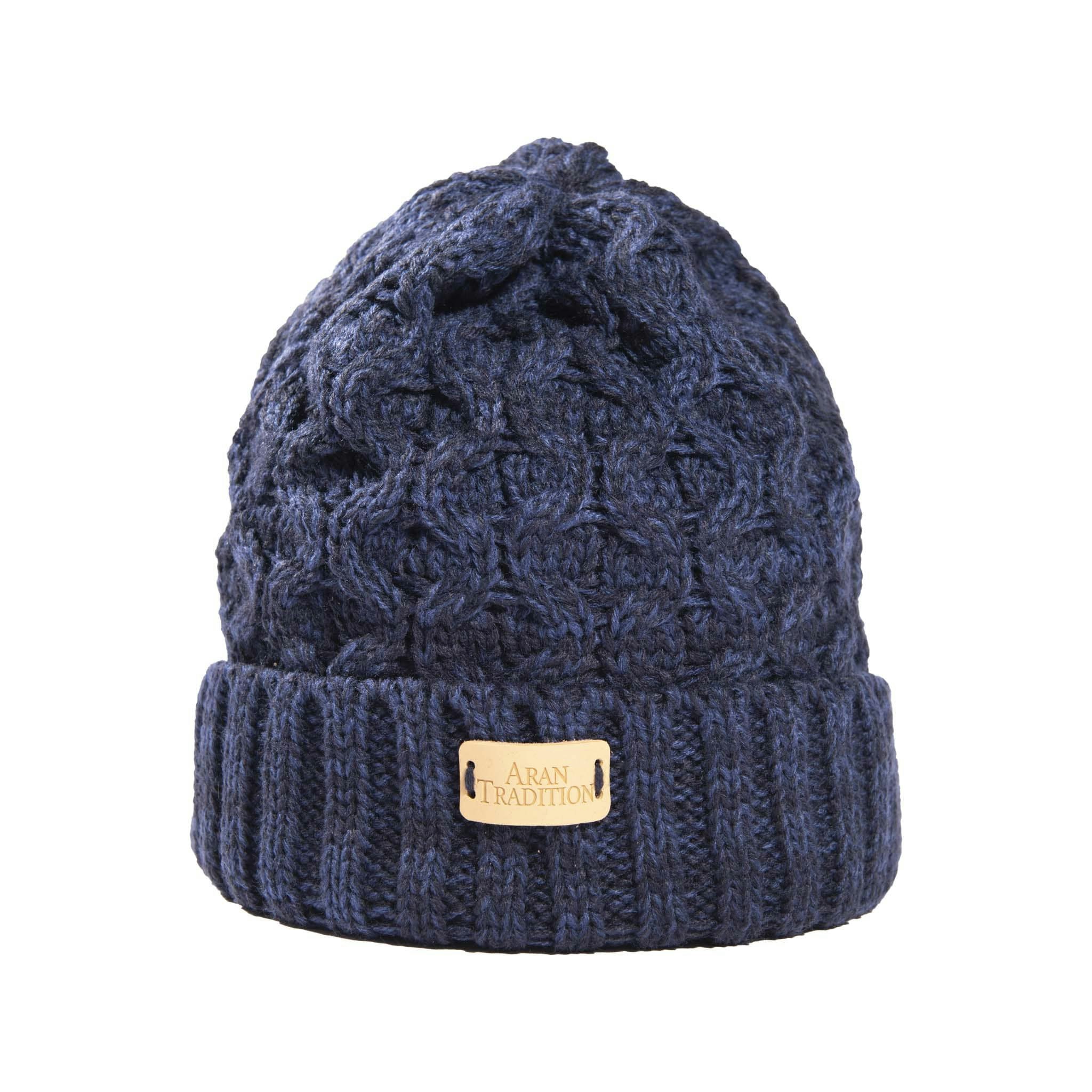 Aran Traditions Aran Cable Knit Beanie Hat - Navy Mix